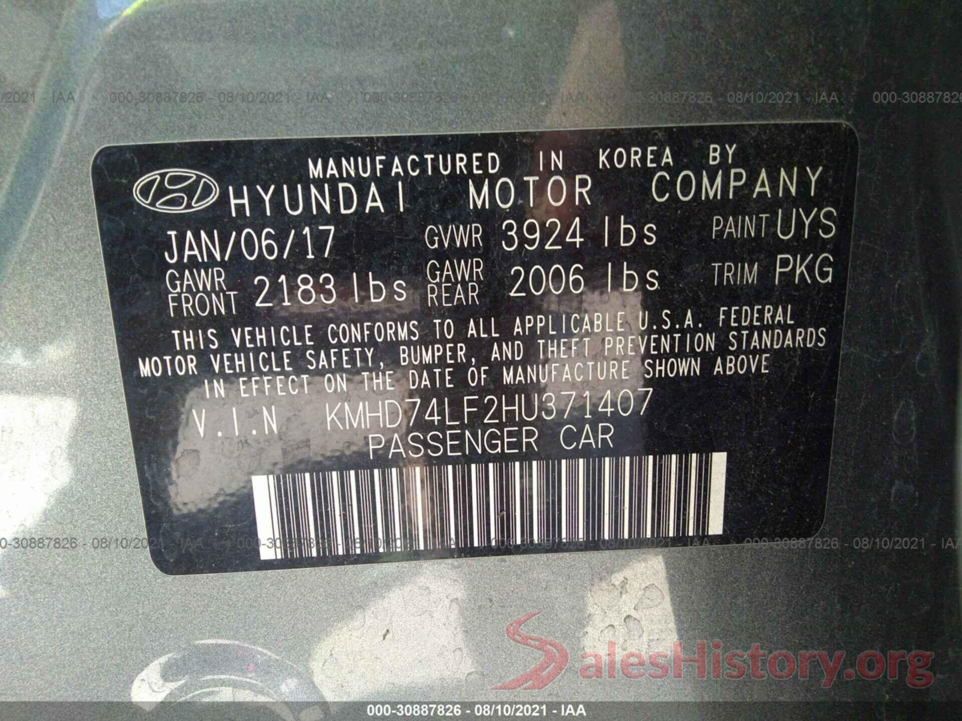 KMHD74LF2HU371407 2017 HYUNDAI ELANTRA