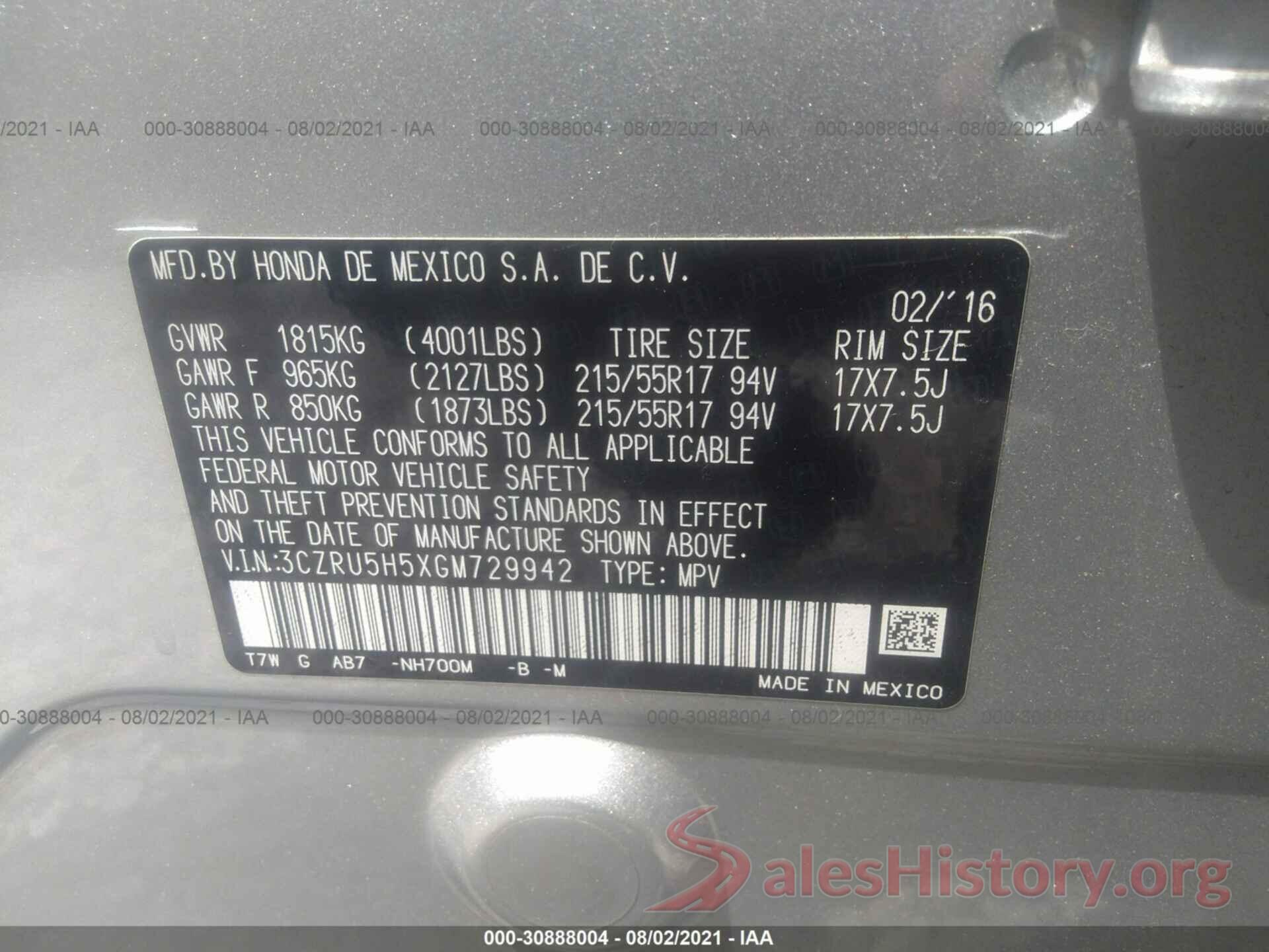 3CZRU5H5XGM729942 2016 HONDA HR-V