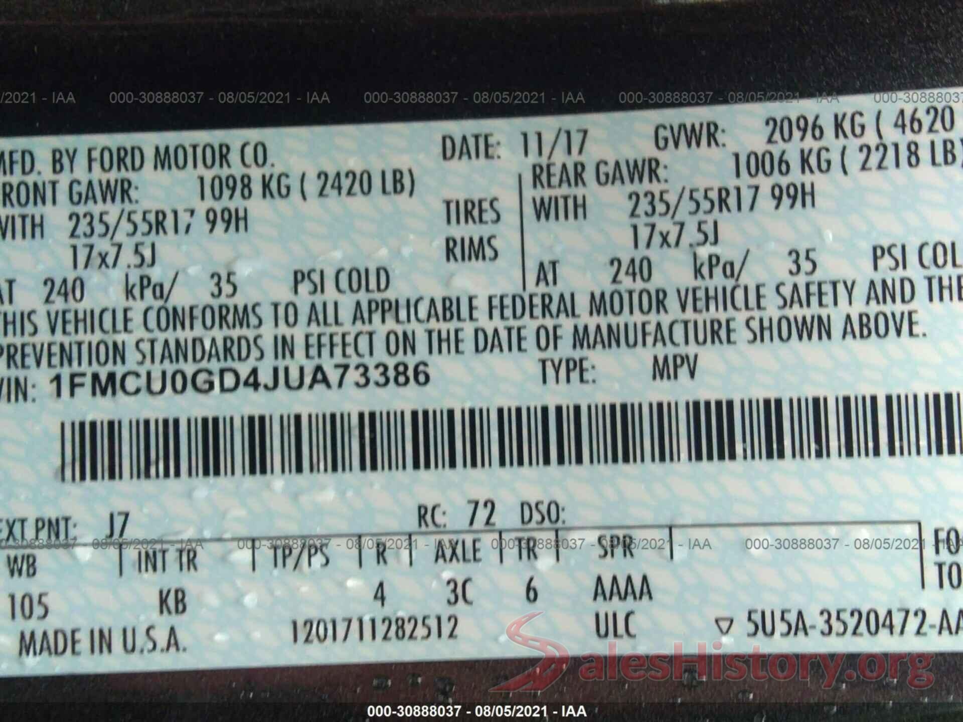 1FMCU0GD4JUA73386 2018 FORD ESCAPE