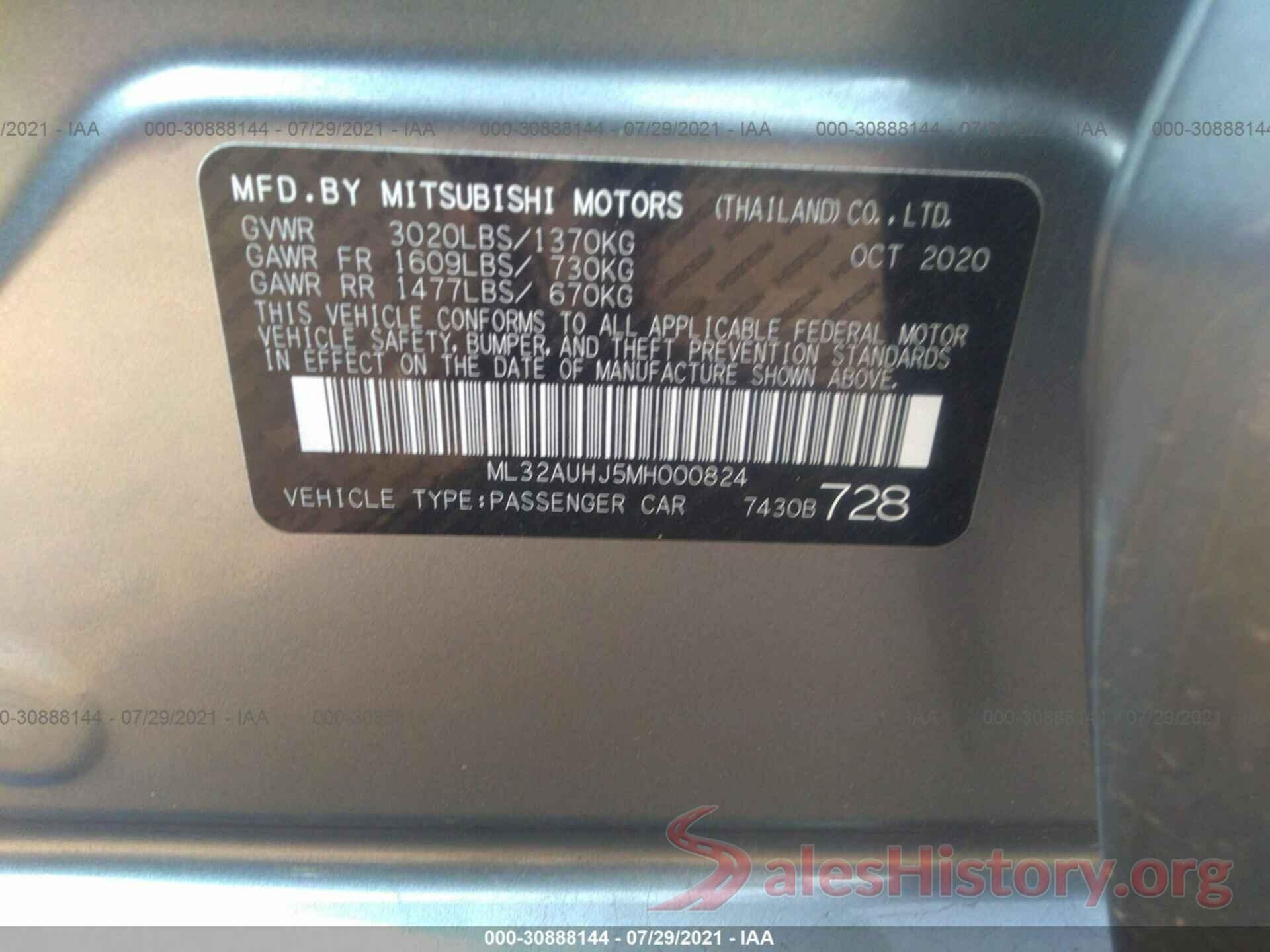 ML32AUHJ5MH000824 2021 MITSUBISHI MIRAGE