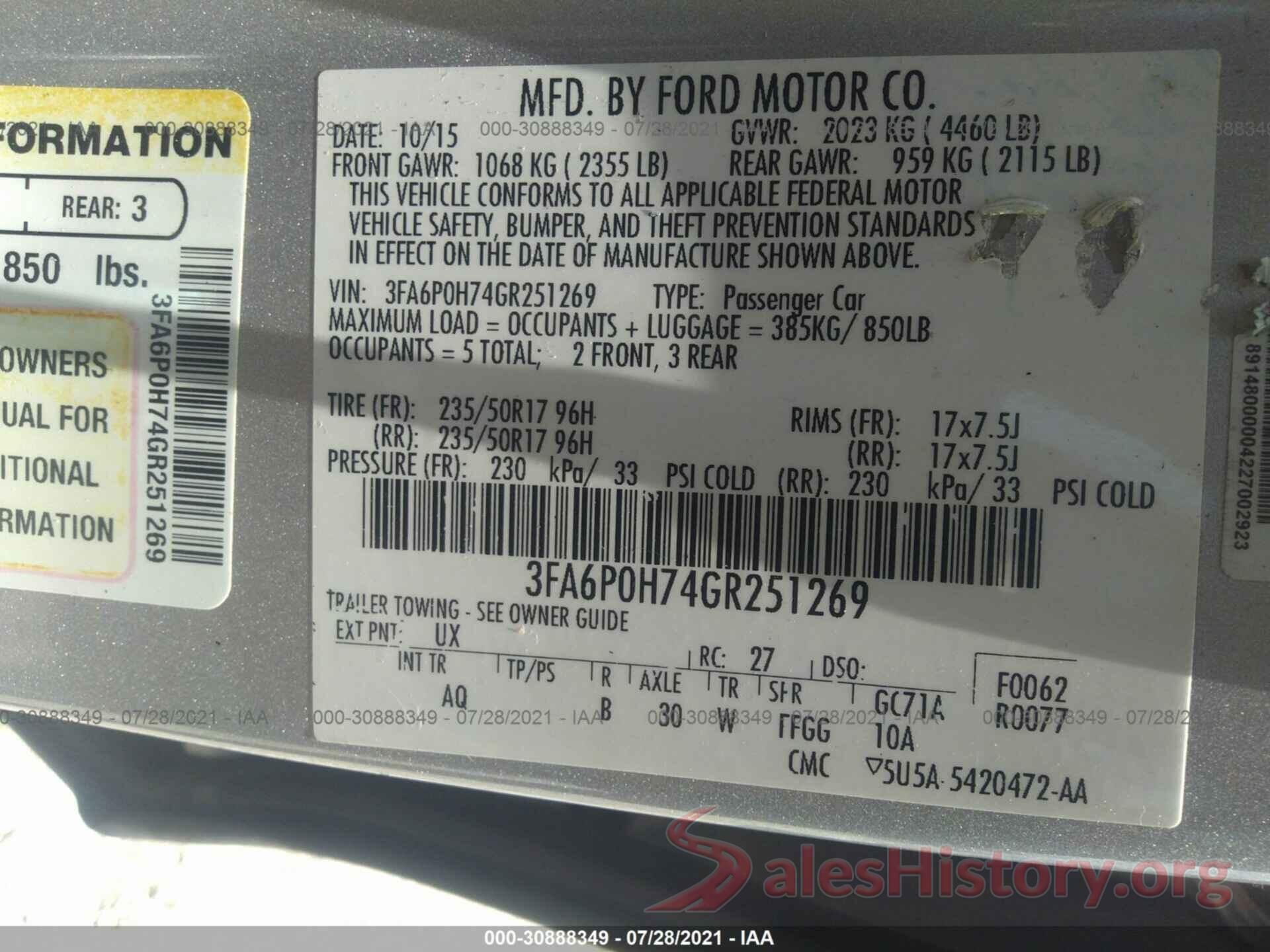 3FA6P0H74GR251269 2016 FORD FUSION