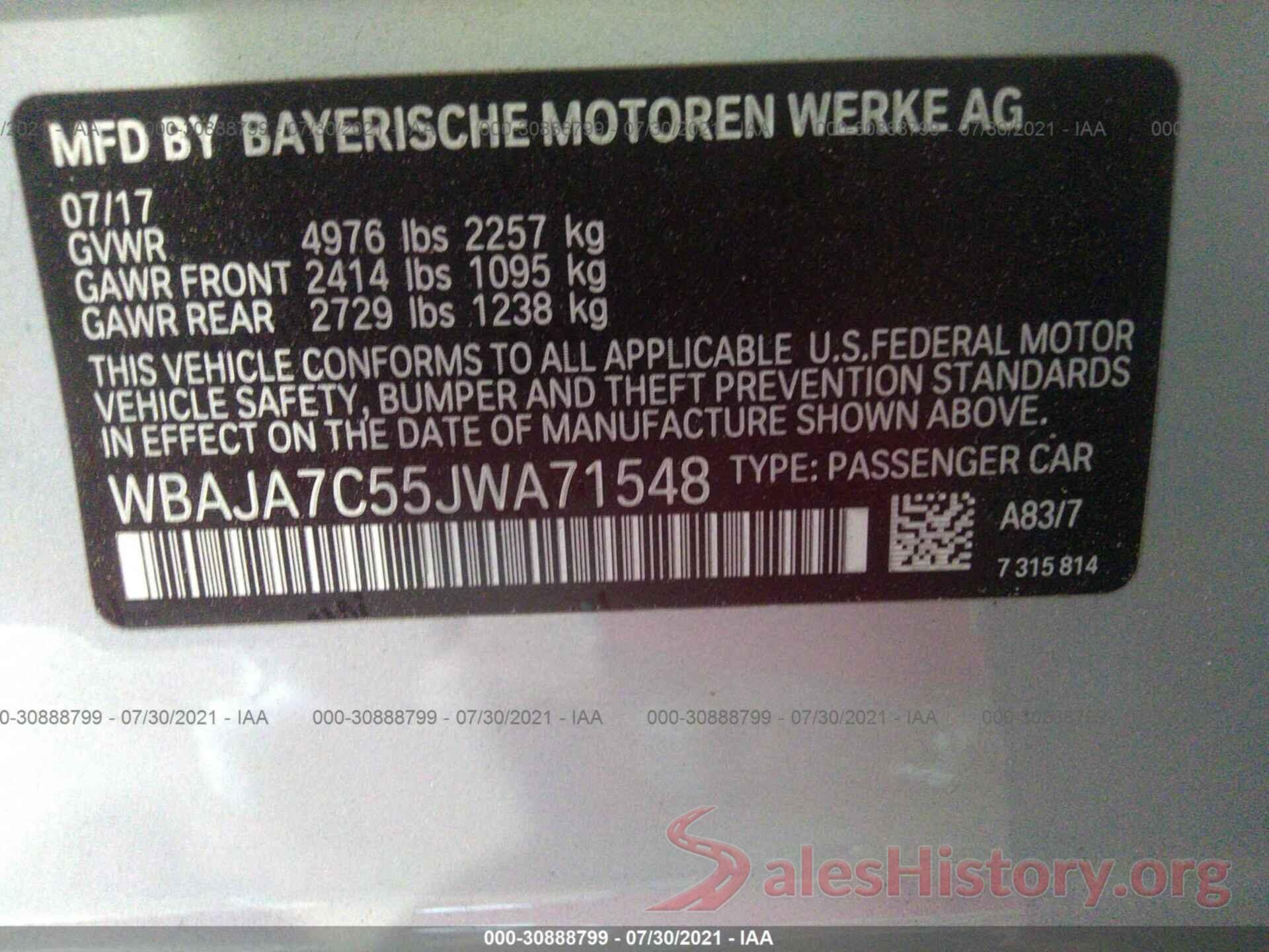 WBAJA7C55JWA71548 2018 BMW 5 SERIES