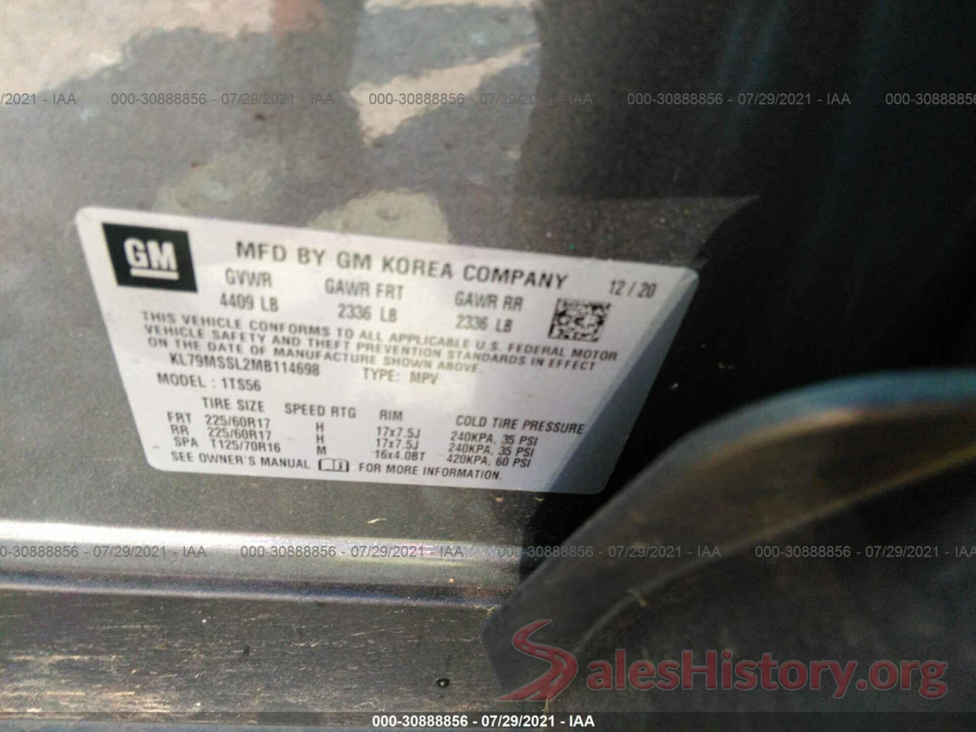 KL79MSSL2MB114698 2021 CHEVROLET TRAILBLAZER