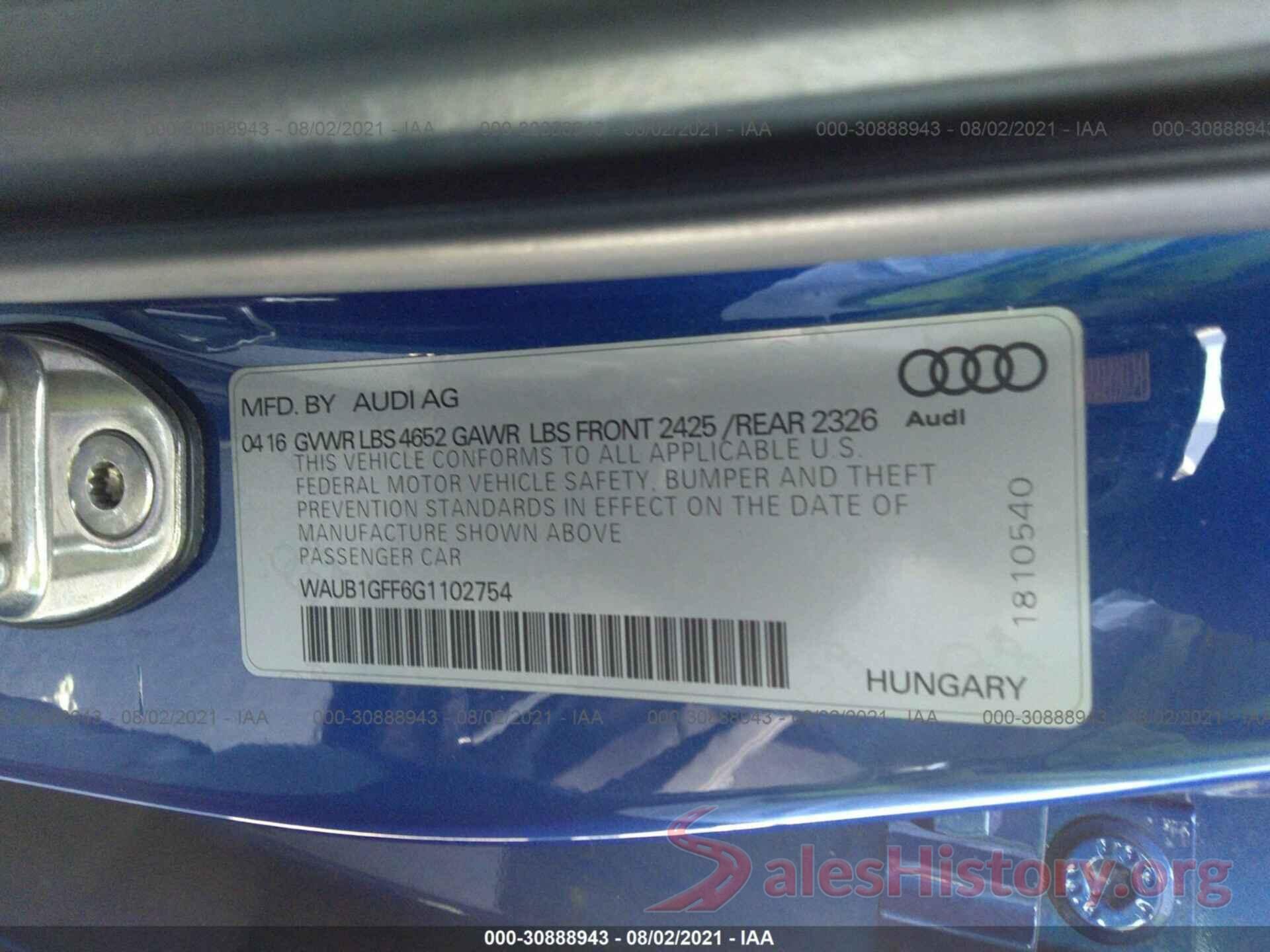 WAUB1GFF6G1102754 2016 AUDI S3