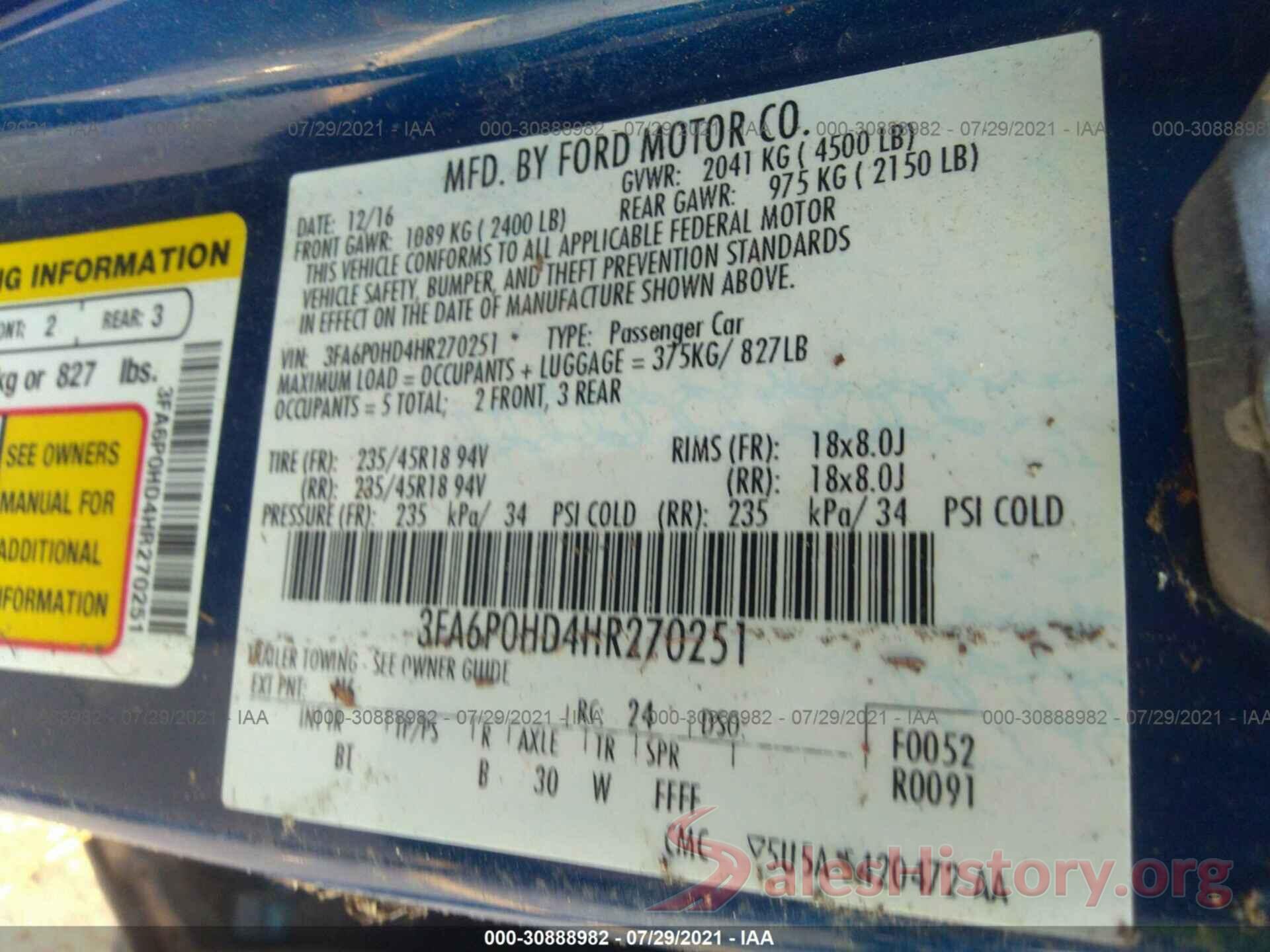 3FA6P0HD4HR270251 2017 FORD FUSION