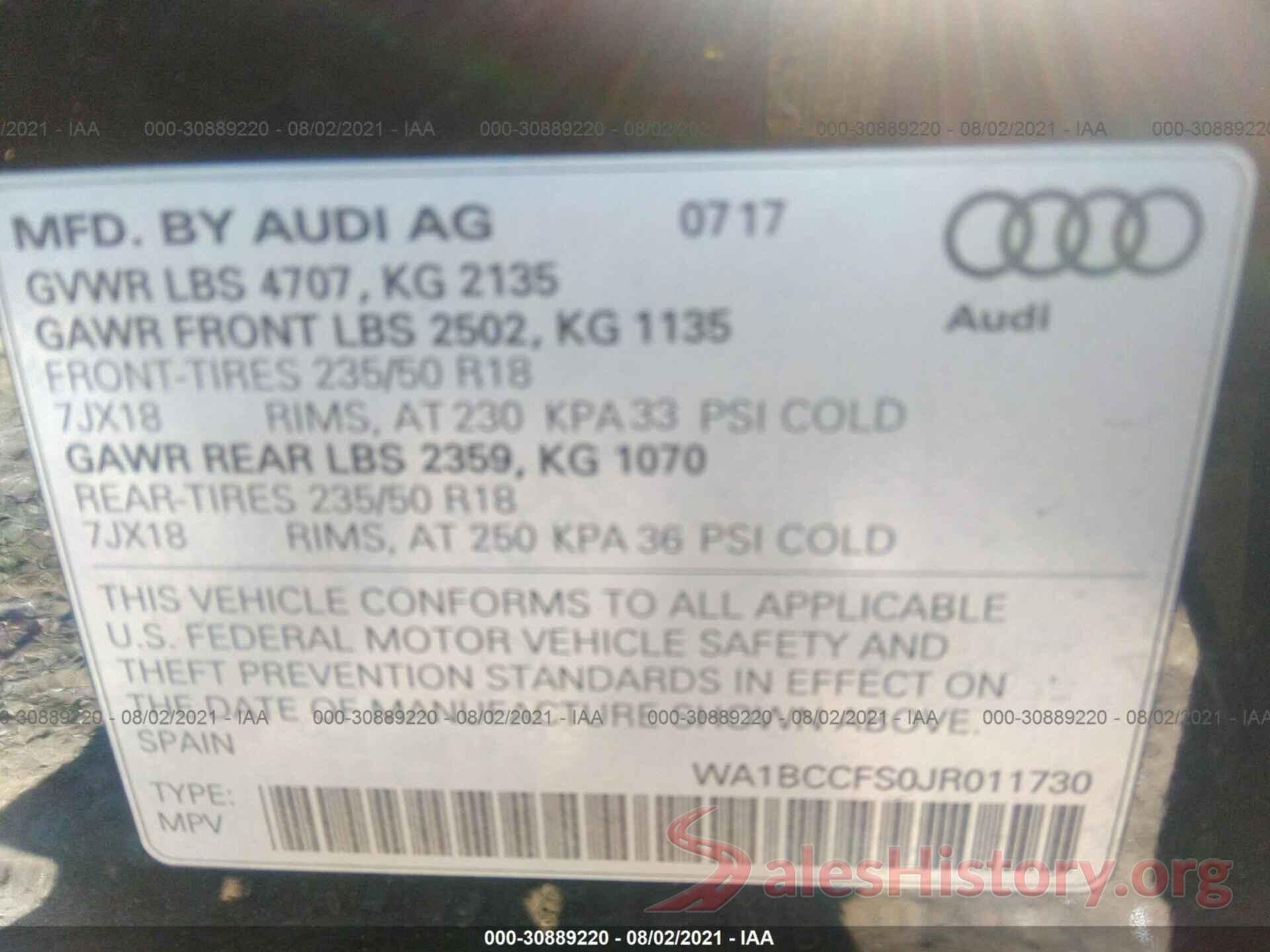 WA1BCCFS0JR011730 2018 AUDI Q3