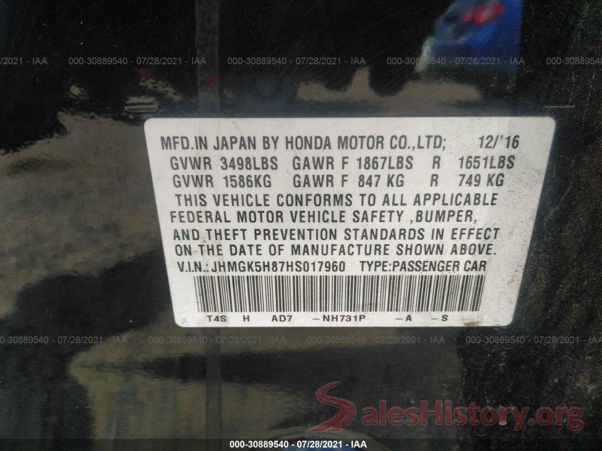 JHMGK5H87HS017960 2017 HONDA FIT