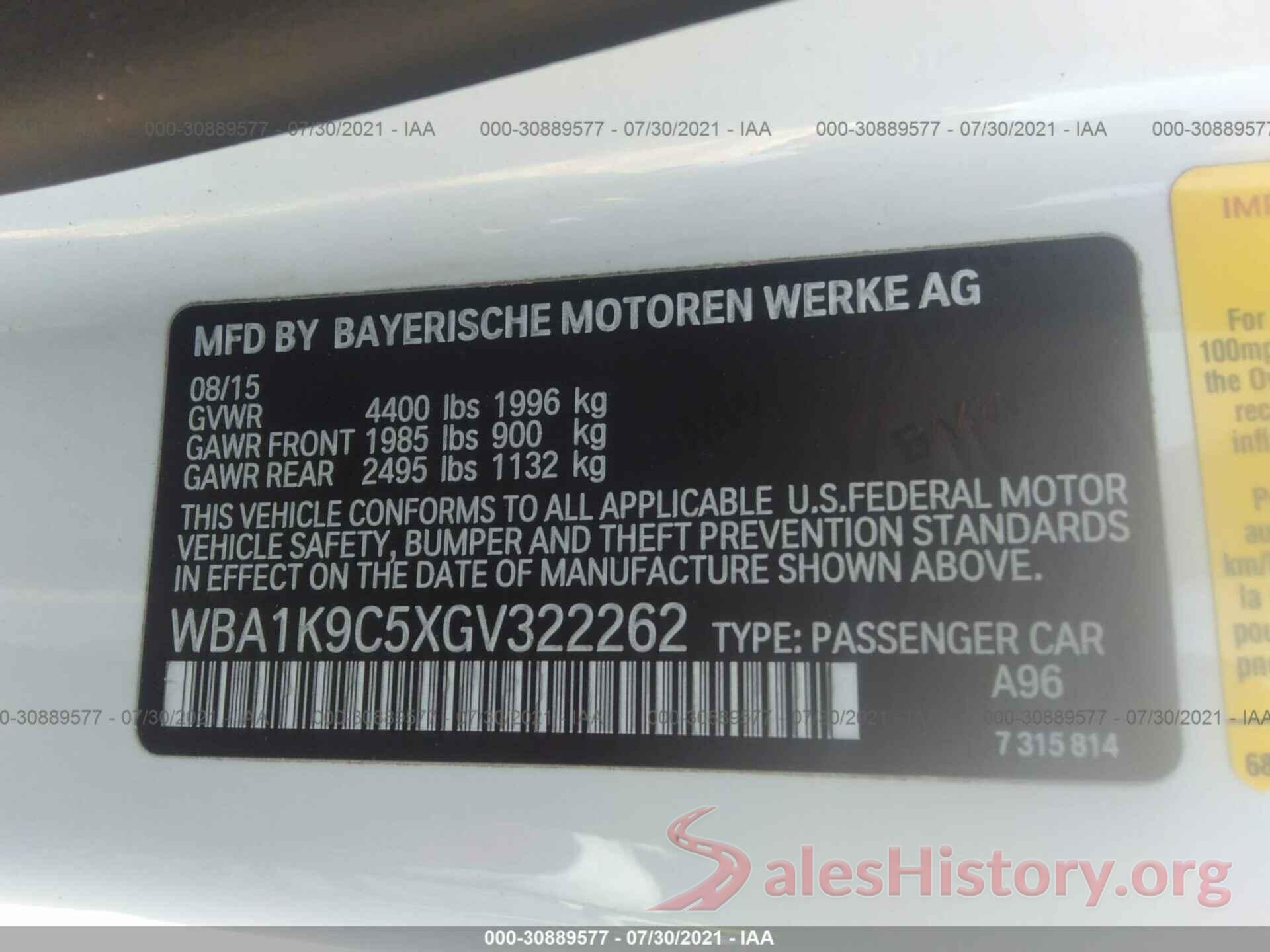 WBA1K9C5XGV322262 2016 BMW 2 SERIES