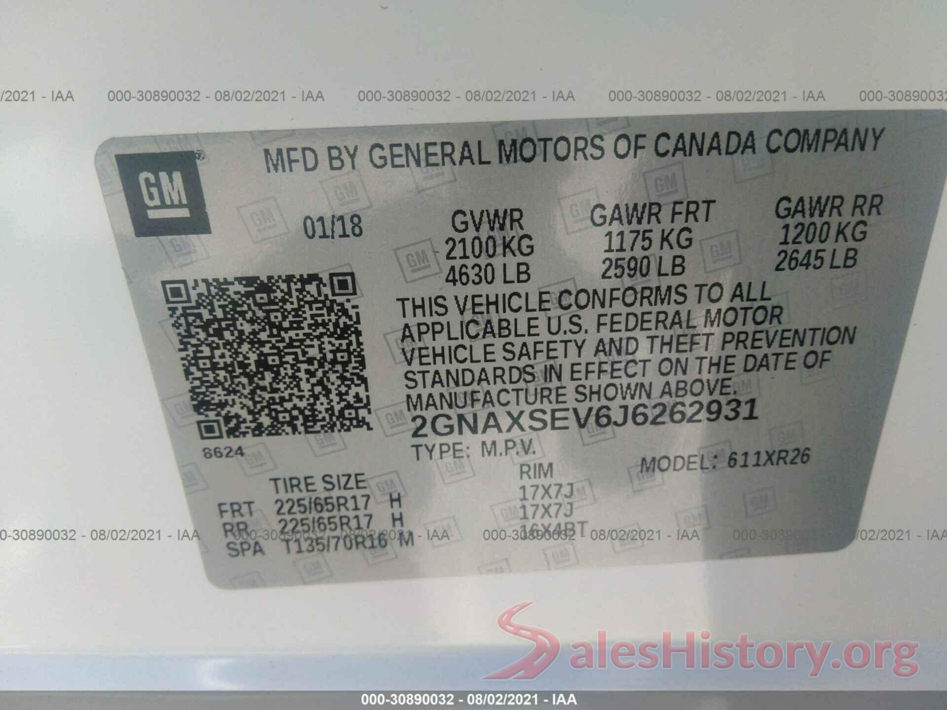 2GNAXSEV6J6262931 2018 CHEVROLET EQUINOX