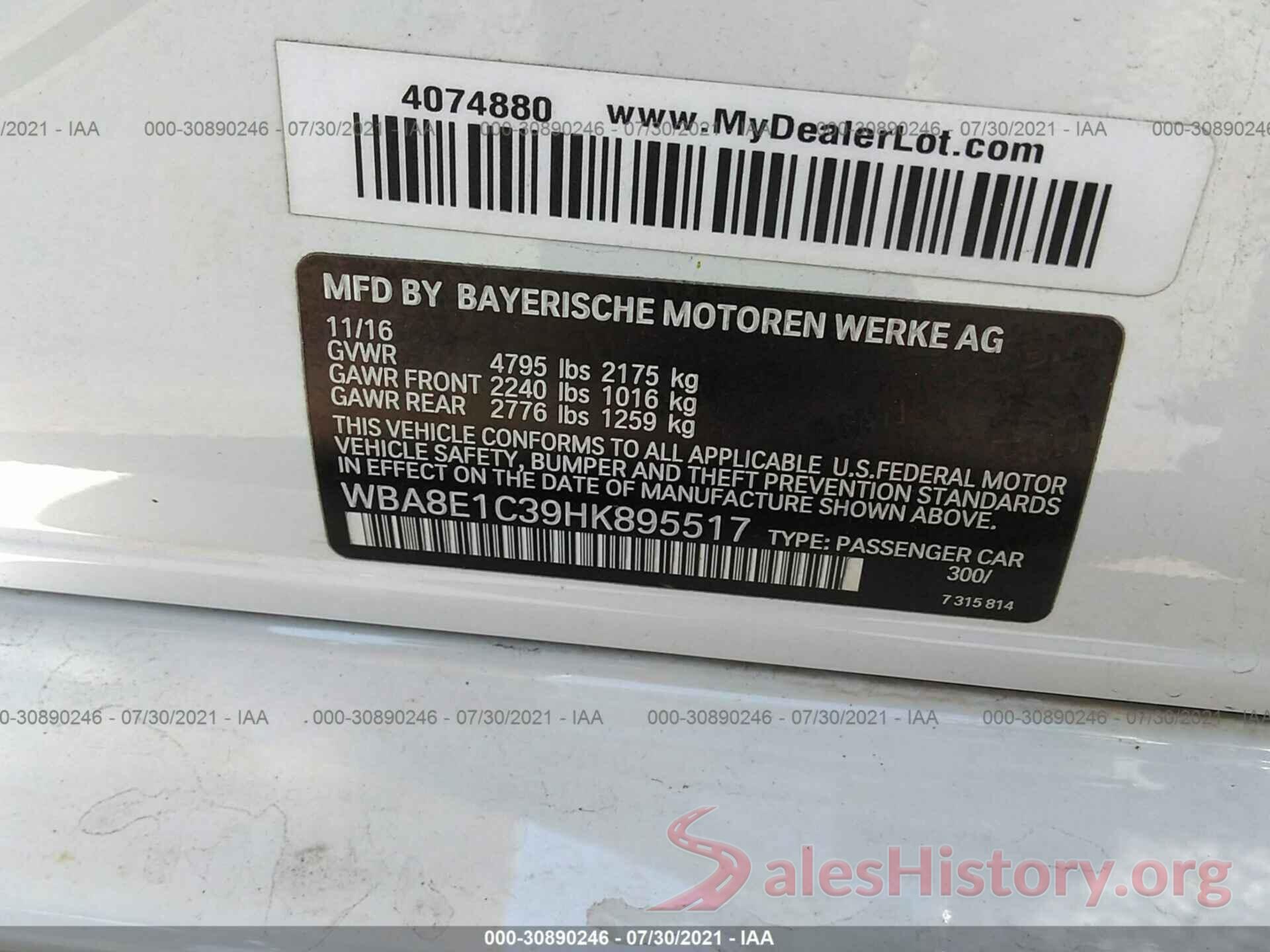 WBA8E1C39HK895517 2017 BMW 3 SERIES