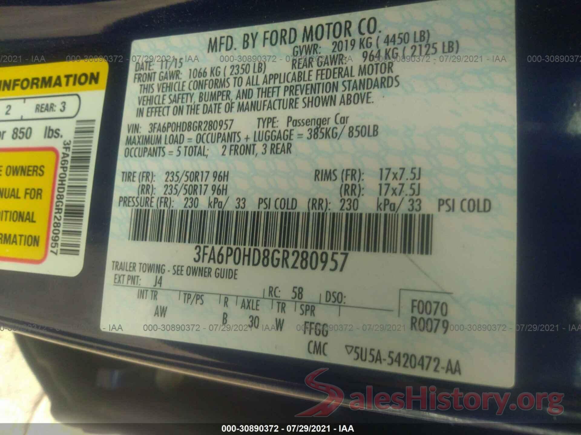 3FA6P0HD8GR280957 2016 FORD FUSION