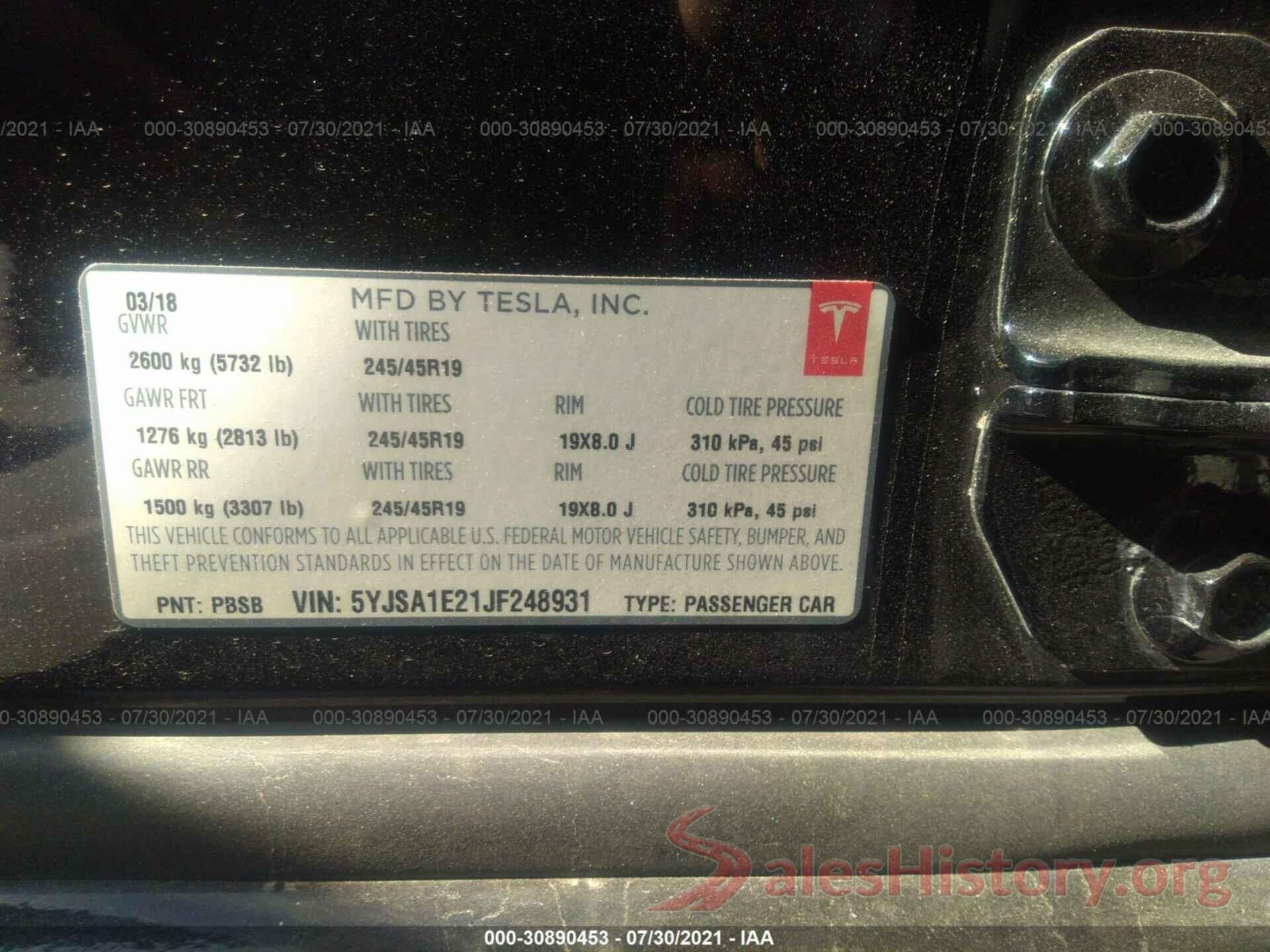 5YJSA1E21JF248931 2018 TESLA MODEL S