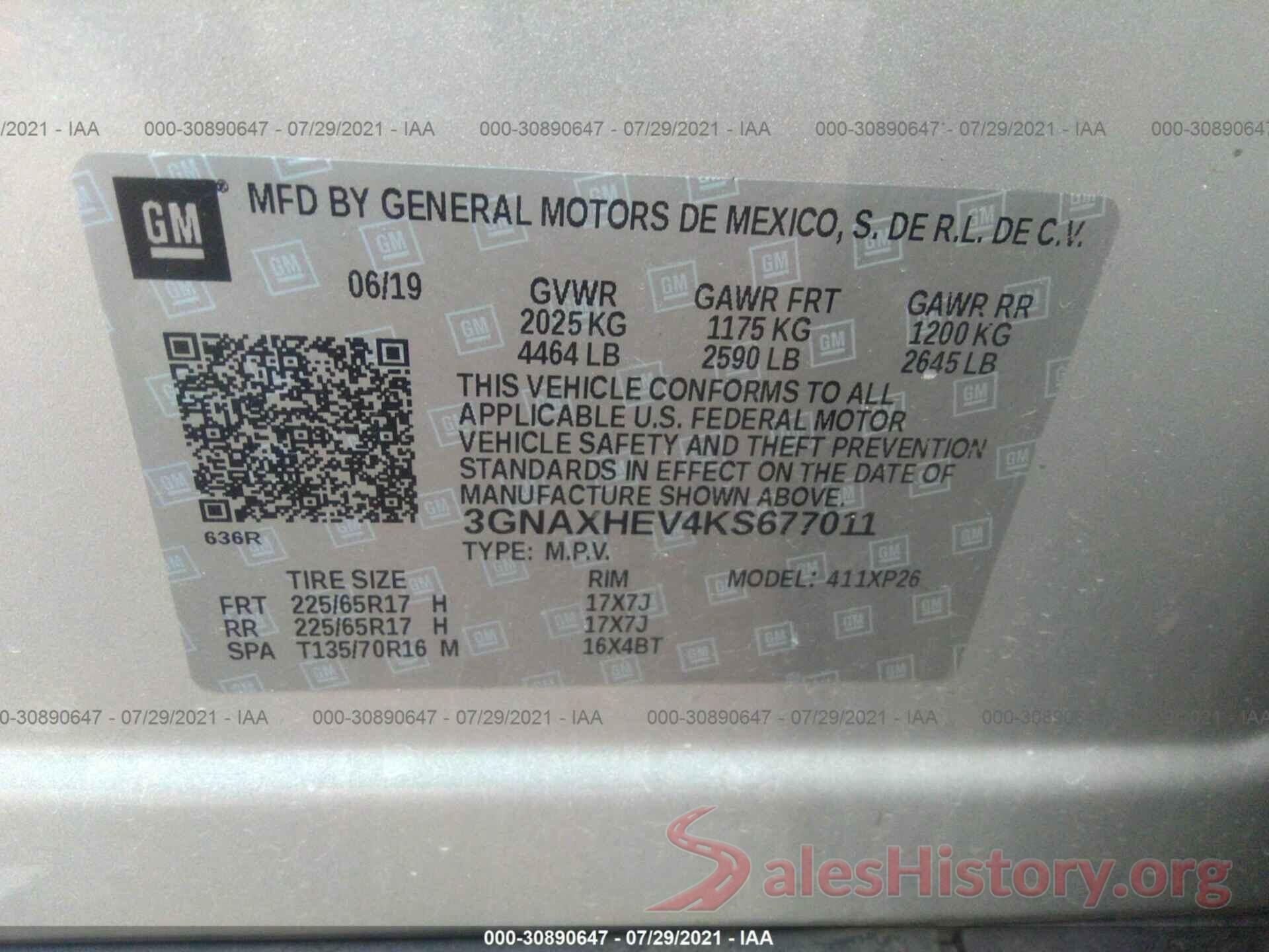 3GNAXHEV4KS677011 2019 CHEVROLET EQUINOX