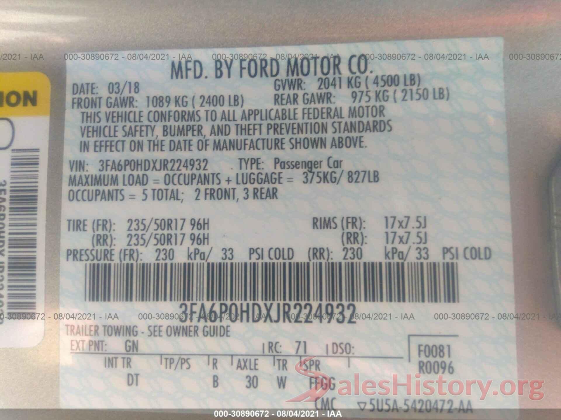 3FA6P0HDXJR224932 2018 FORD FUSION