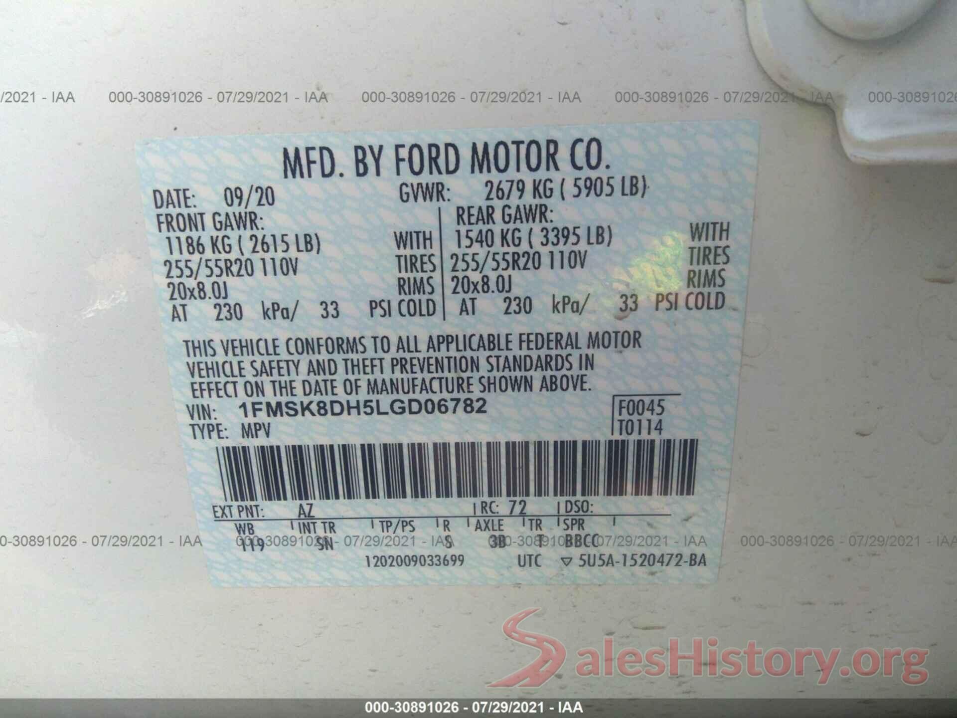 1FMSK8DH5LGD06782 2020 FORD EXPLORER