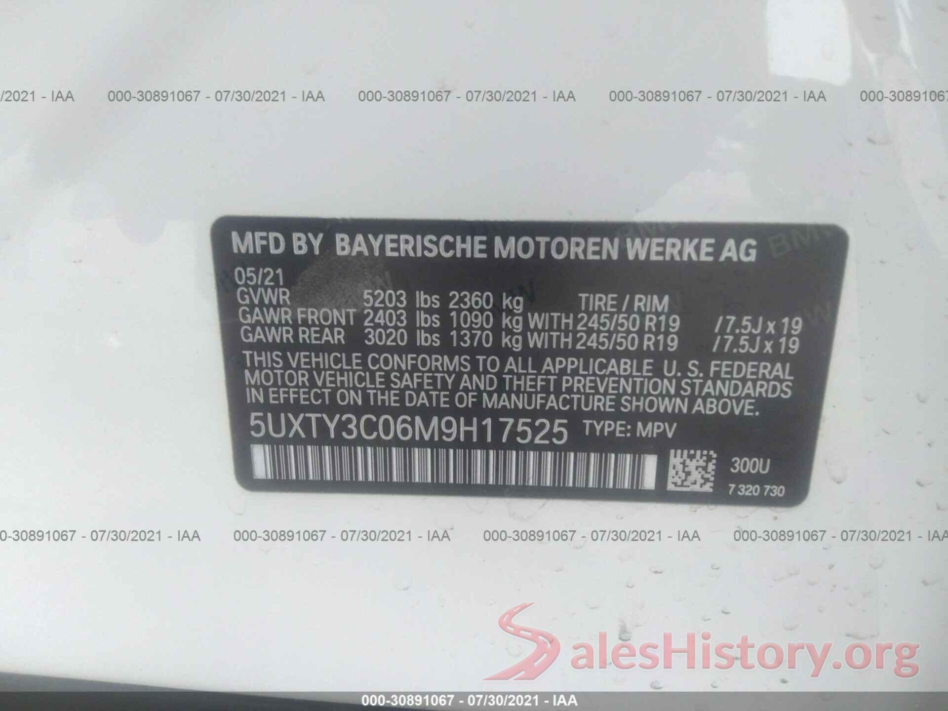 5UXTY3C06M9H17525 2021 BMW X3