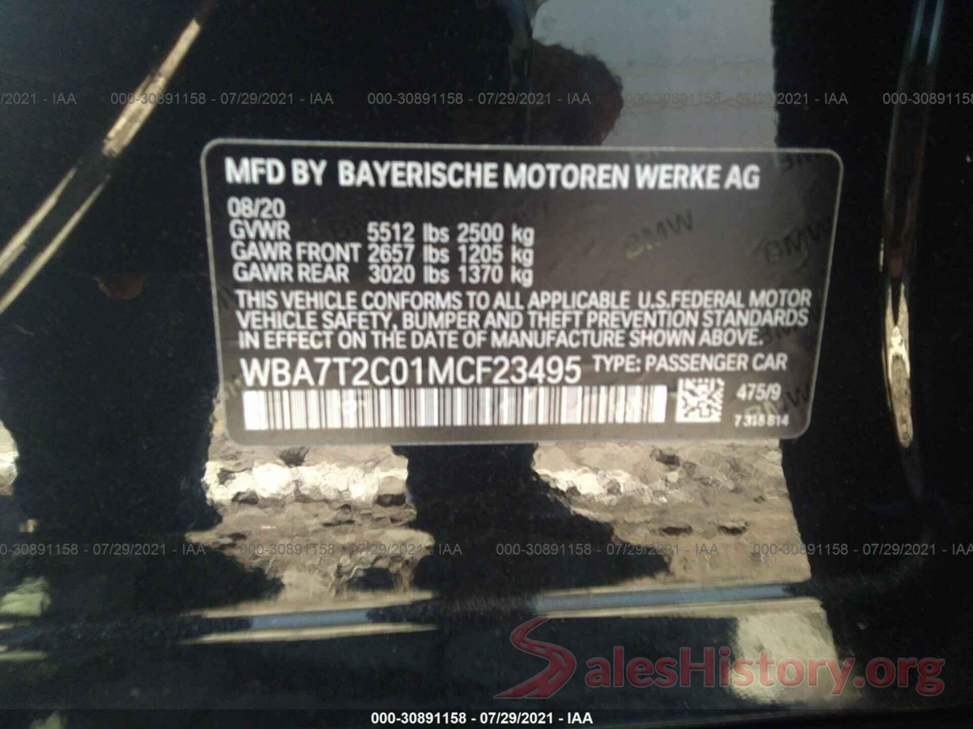 WBA7T2C01MCF23495 2021 BMW 7 SERIES