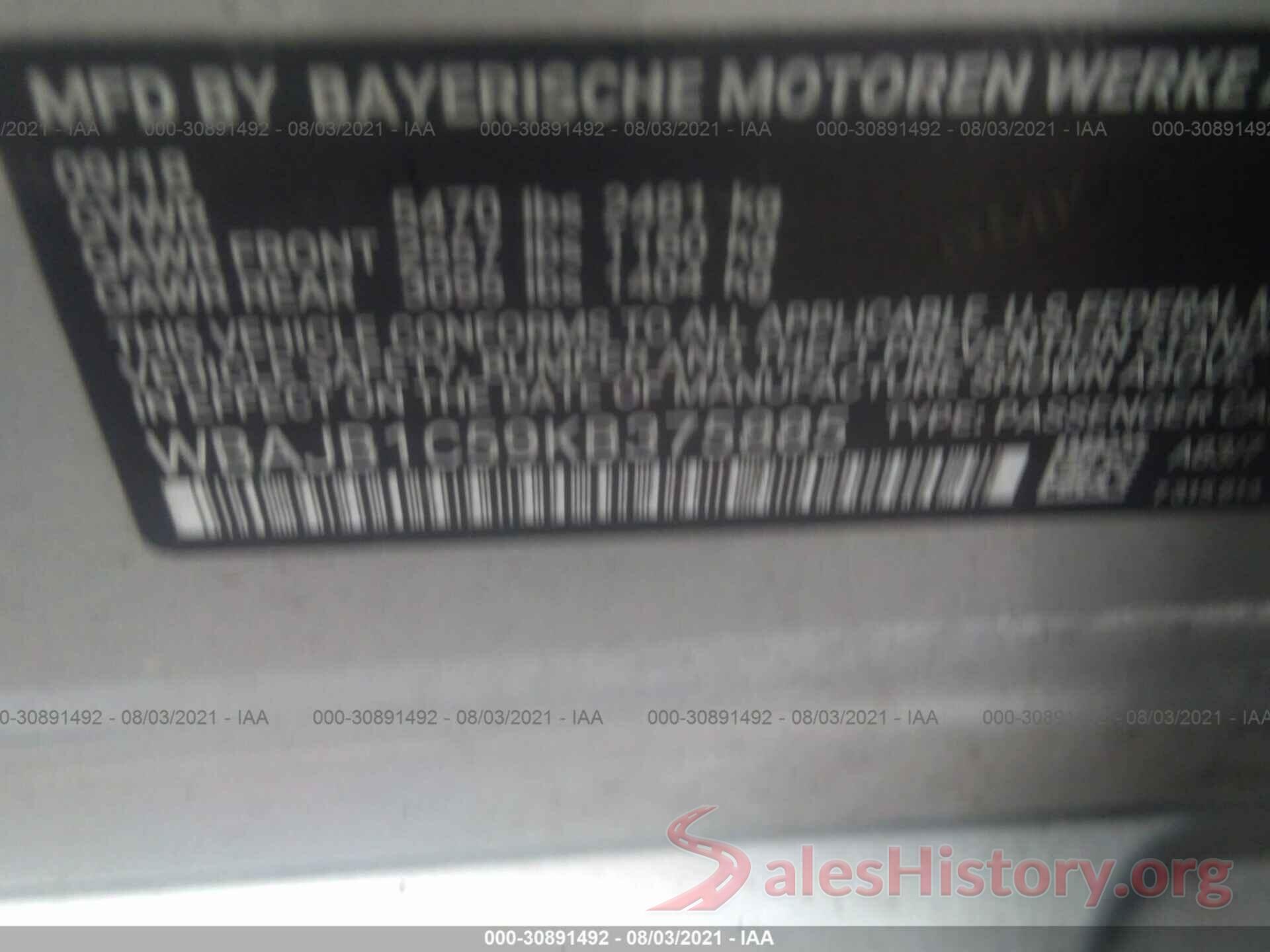 WBAJB1C59KB375885 2019 BMW 5 SERIES