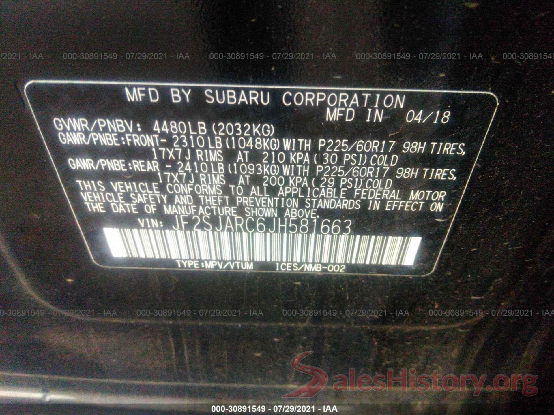 JF2SJARC6JH581663 2018 SUBARU FORESTER