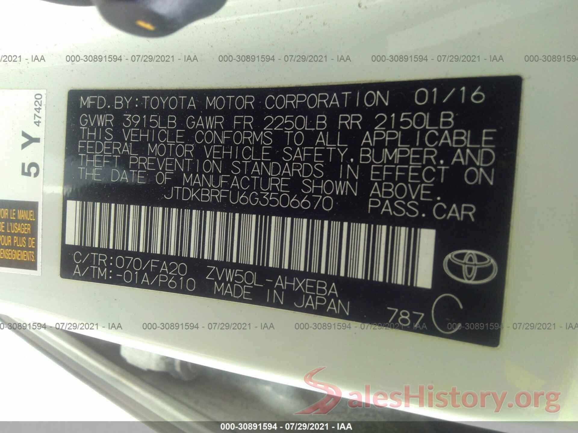 JTDKBRFU6G3506670 2016 TOYOTA PRIUS