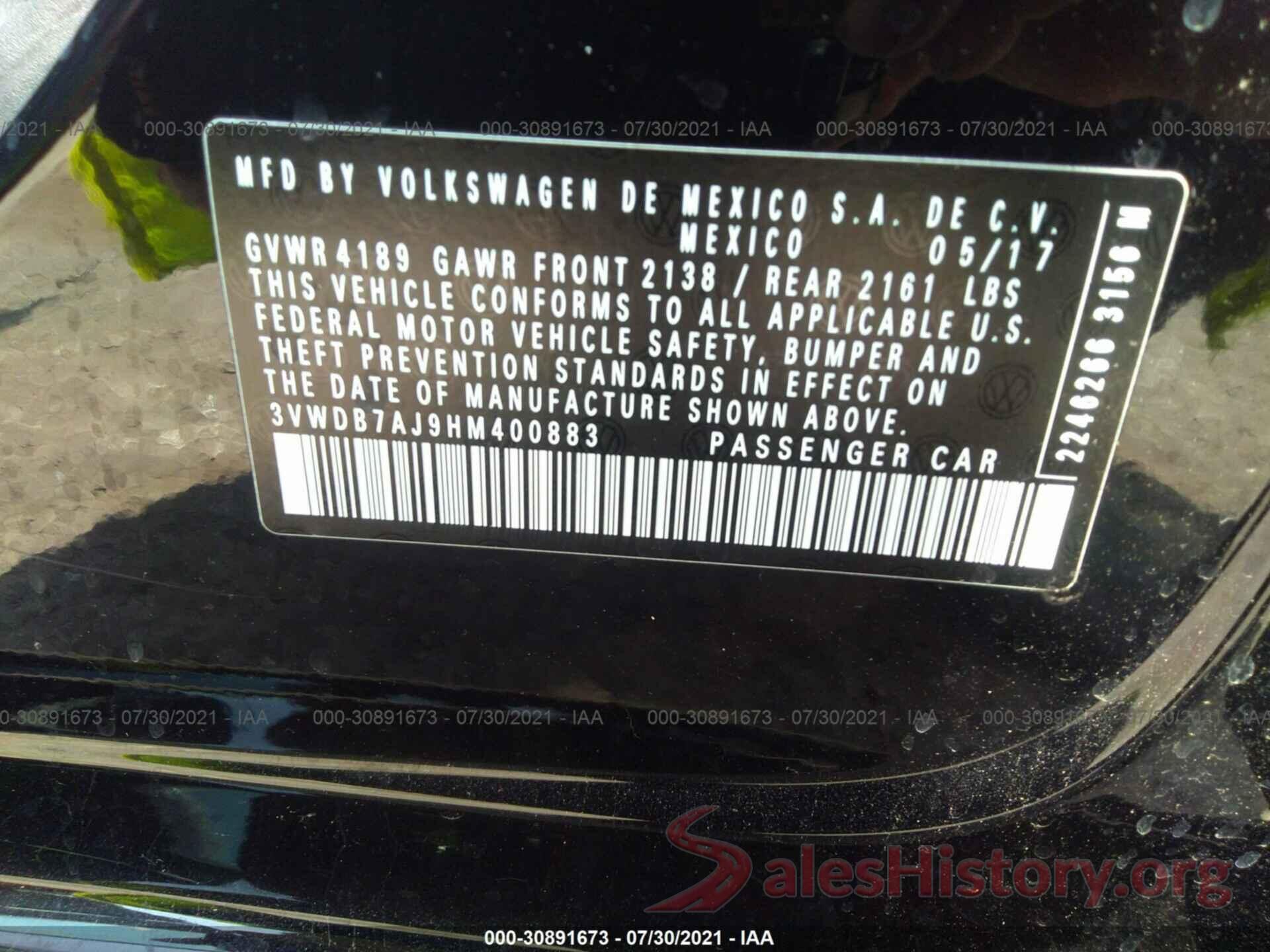 3VWDB7AJ9HM400883 2017 VOLKSWAGEN JETTA