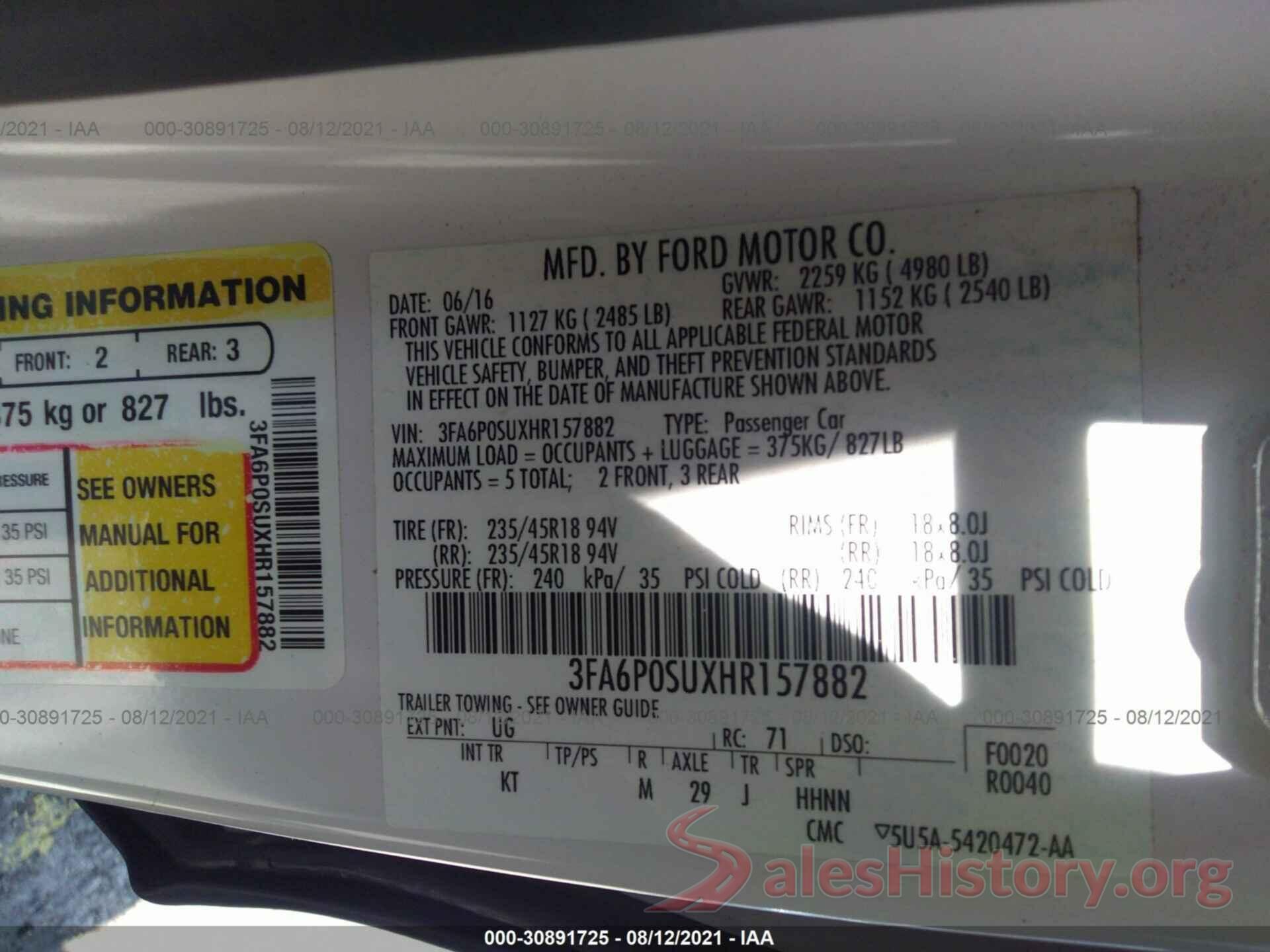 3FA6P0SUXHR157882 2017 FORD FUSION ENERGI