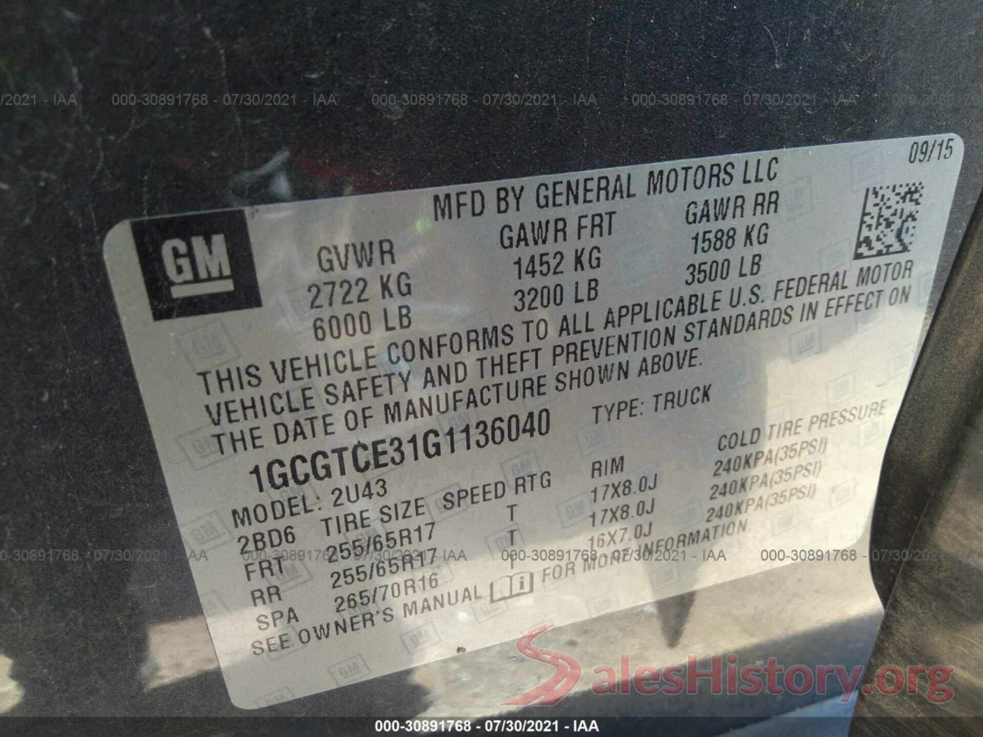 1GCGTCE31G1136040 2016 CHEVROLET COLORADO