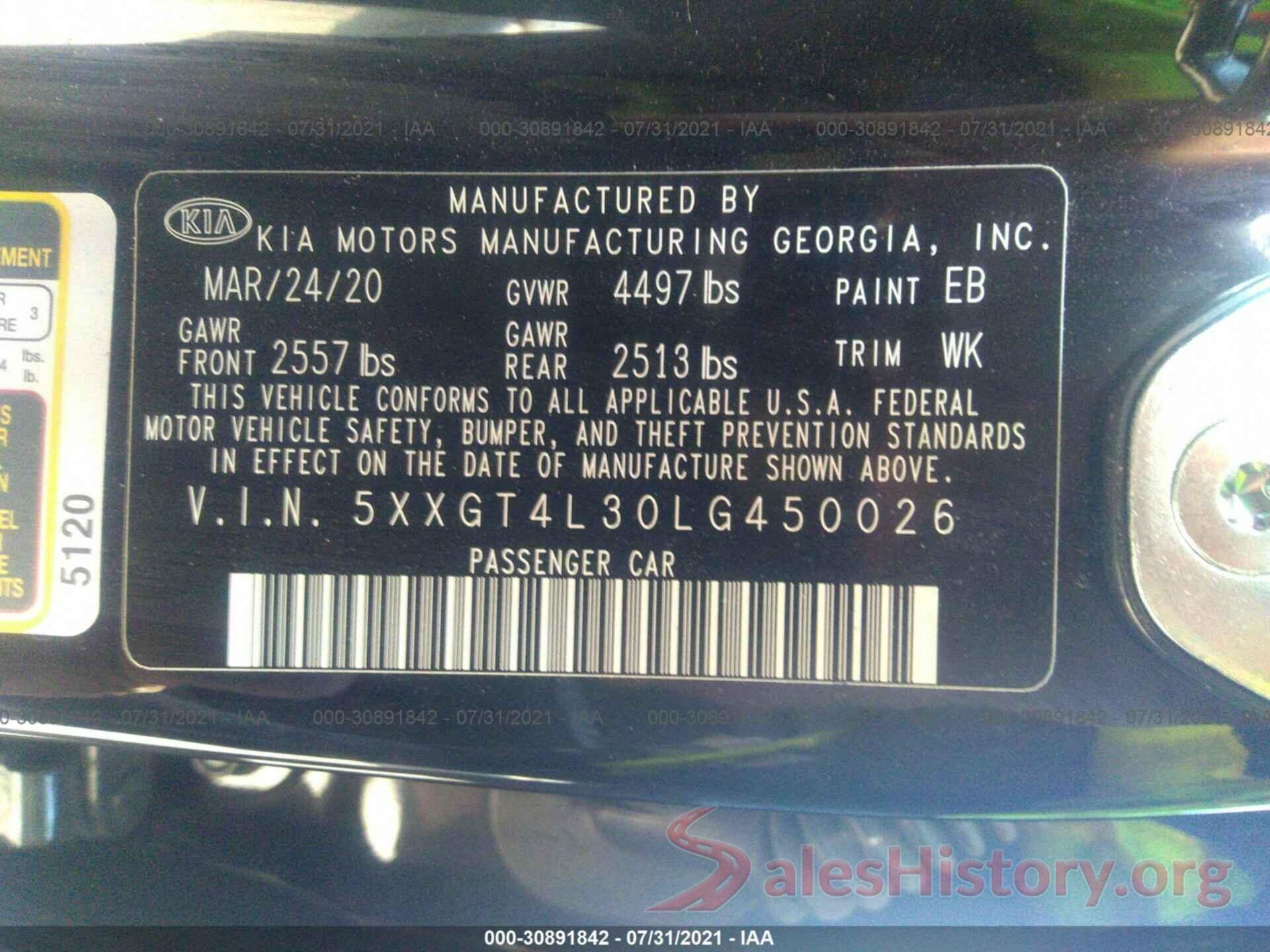 5XXGT4L30LG450026 2020 KIA OPTIMA