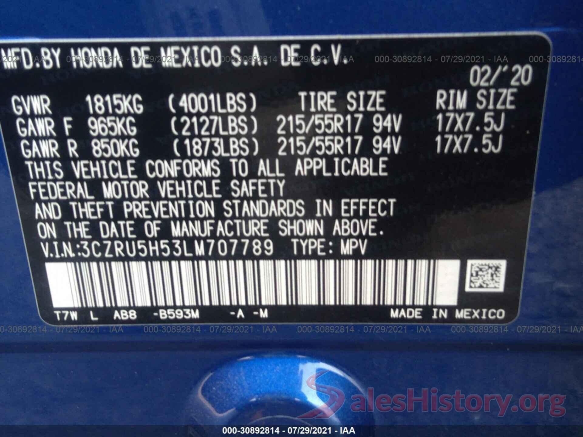 3CZRU5H53LM707789 2020 HONDA HR-V