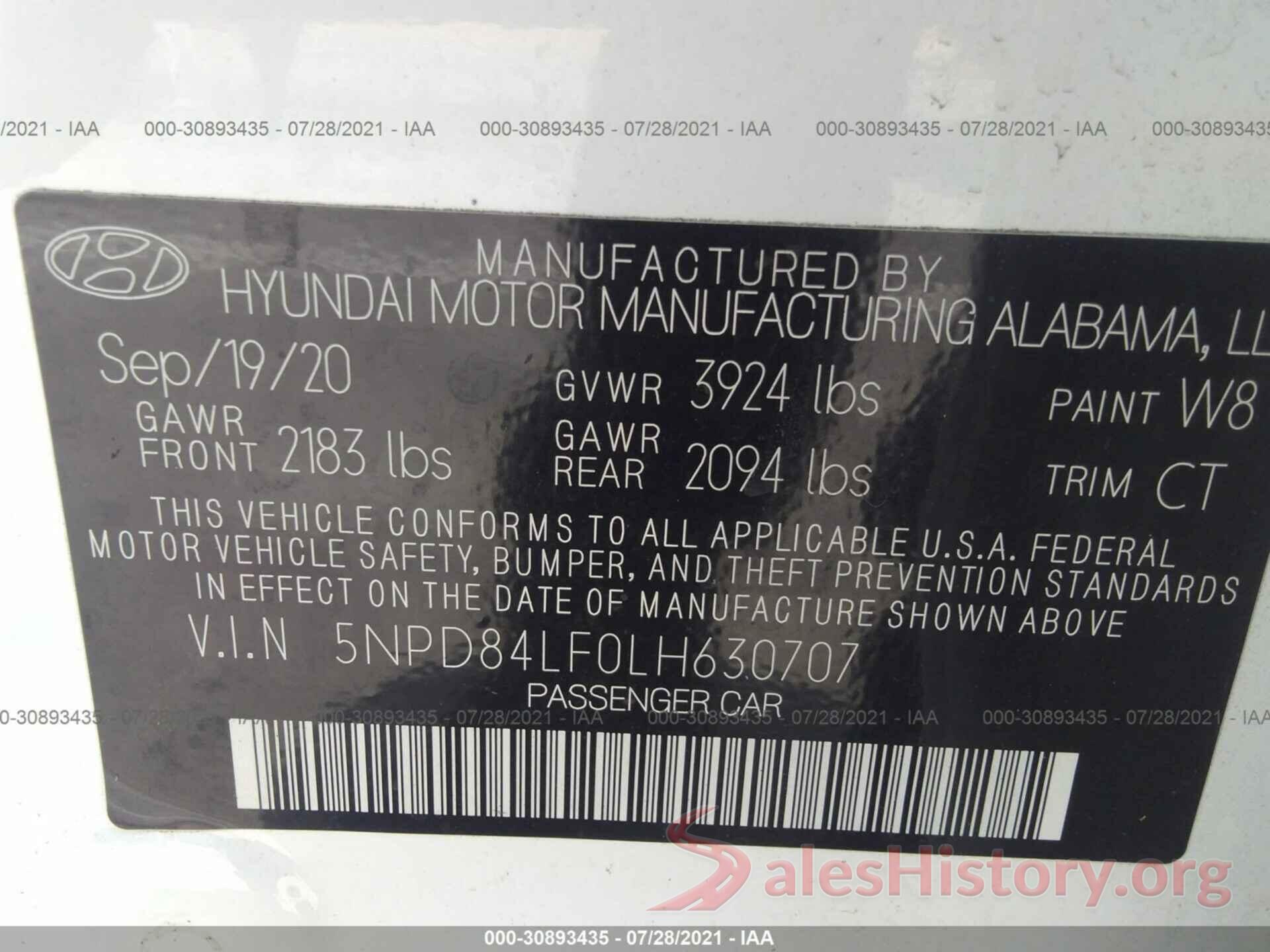 5NPD84LF0LH630707 2020 HYUNDAI ELANTRA