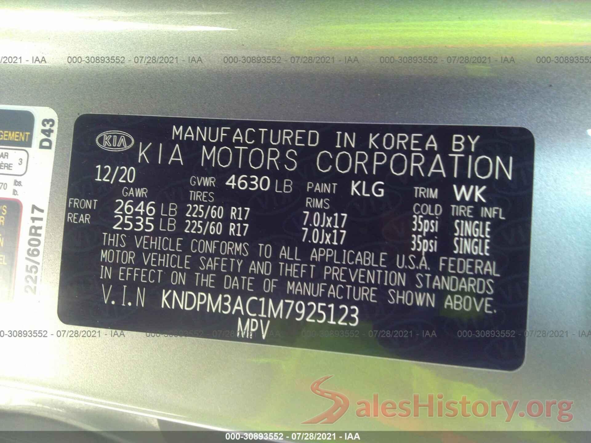 KNDPM3AC1M7925123 2021 KIA SPORTAGE