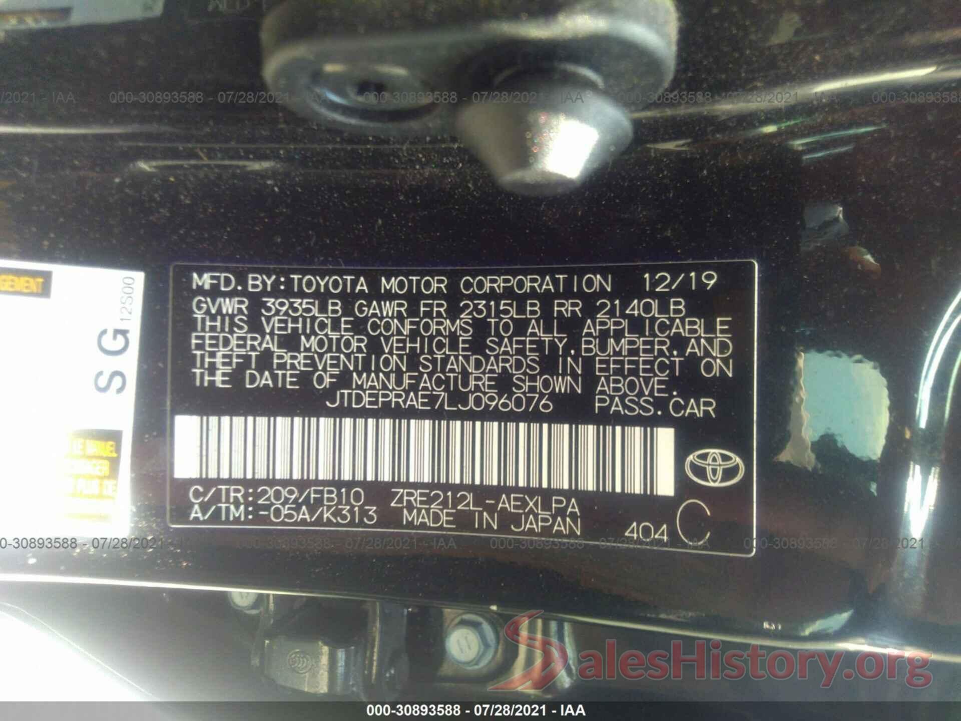 JTDEPRAE7LJ096076 2020 TOYOTA COROLLA