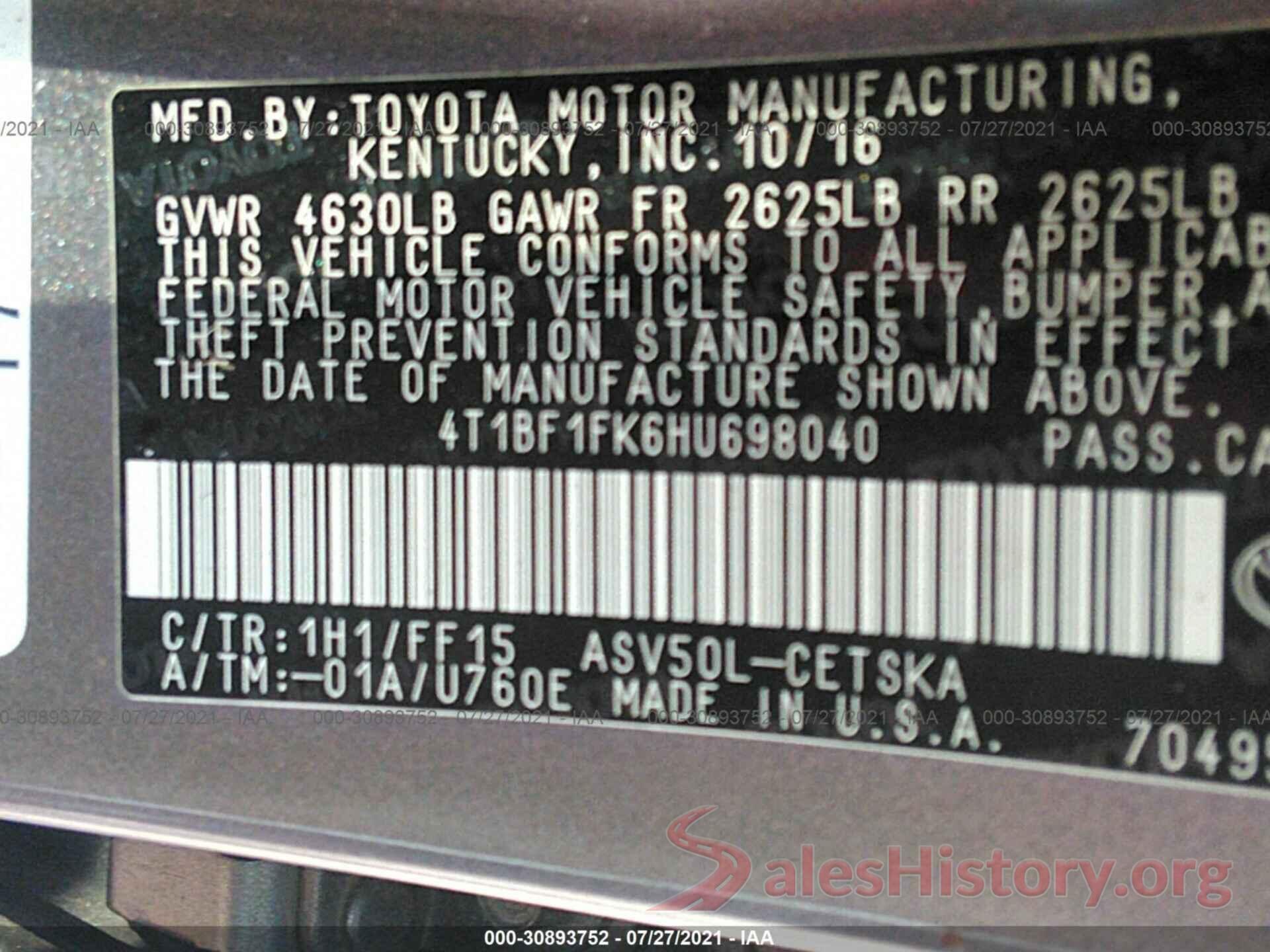 4T1BF1FK6HU698040 2017 TOYOTA CAMRY