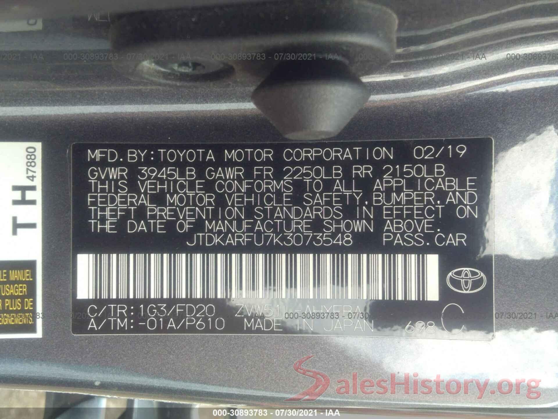 JTDKARFU7K3073548 2019 TOYOTA PRIUS