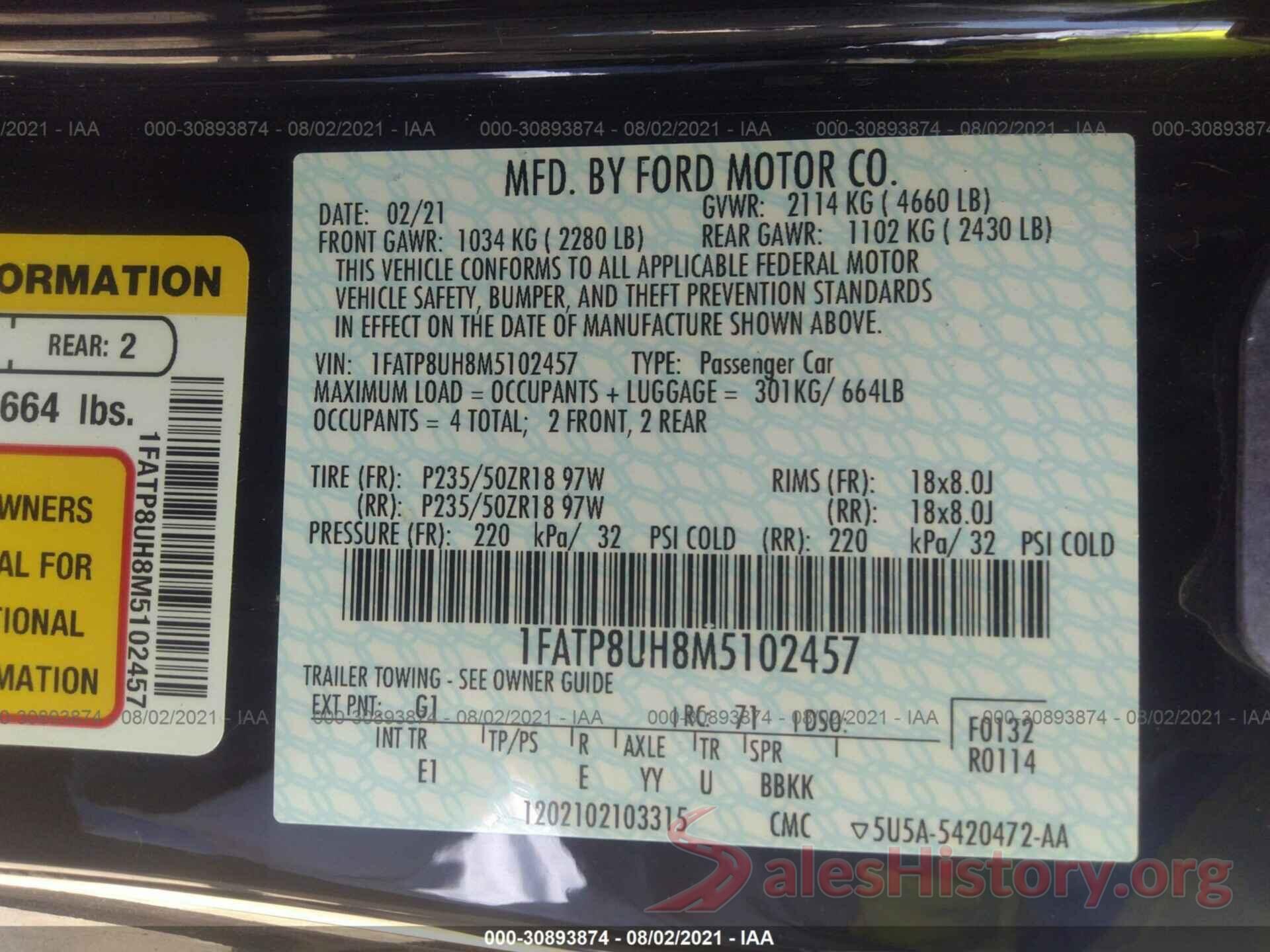 1FATP8UH8M5102457 2021 FORD MUSTANG