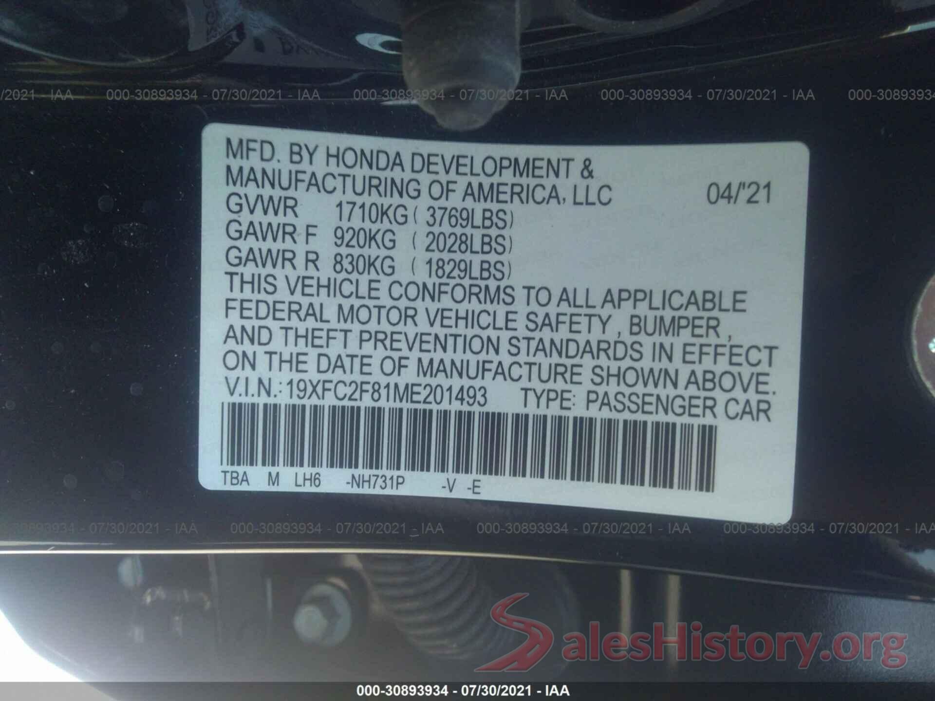 19XFC2F81ME201493 2021 HONDA CIVIC SEDAN