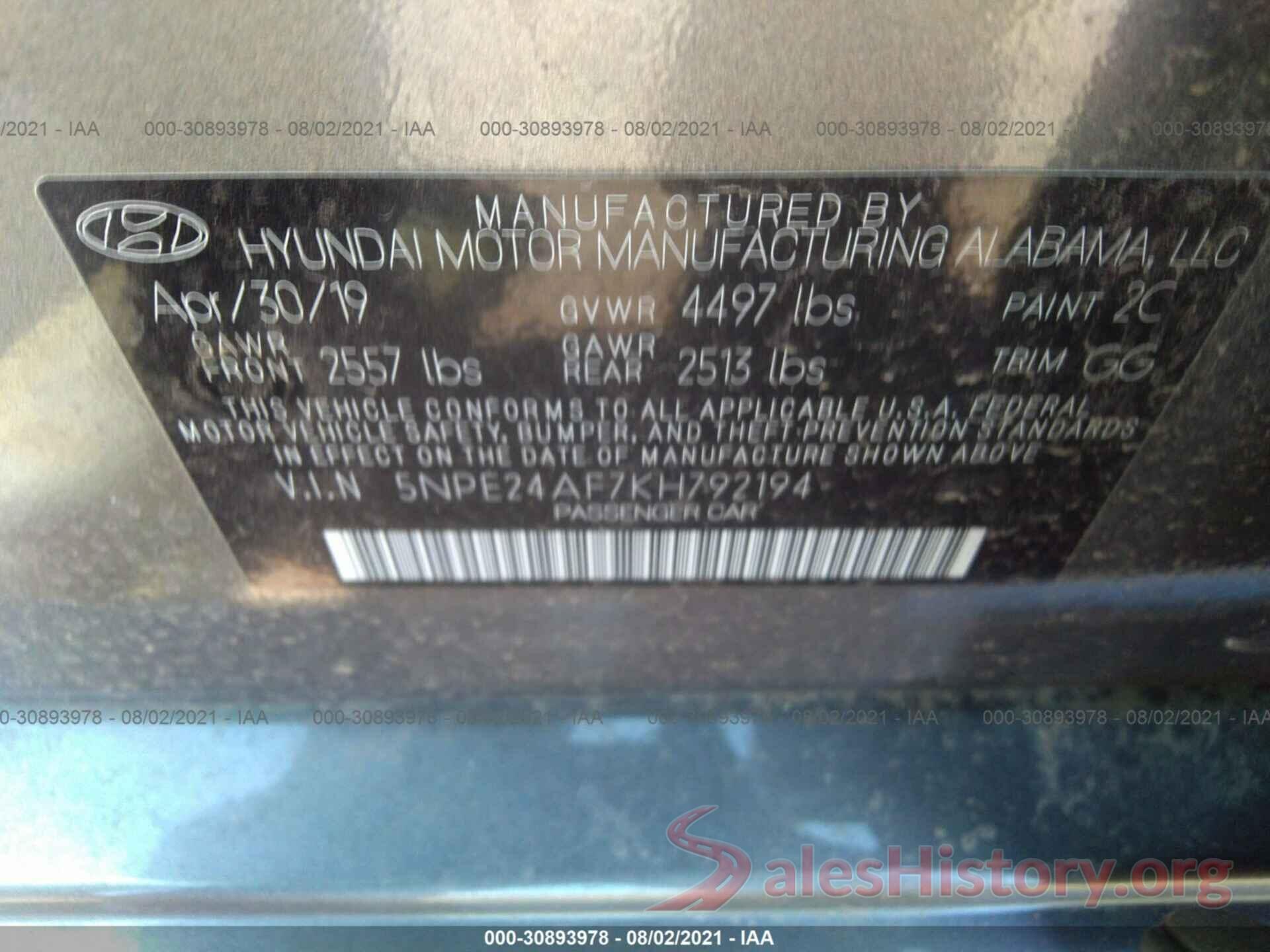 5NPE24AF7KH792194 2019 HYUNDAI SONATA