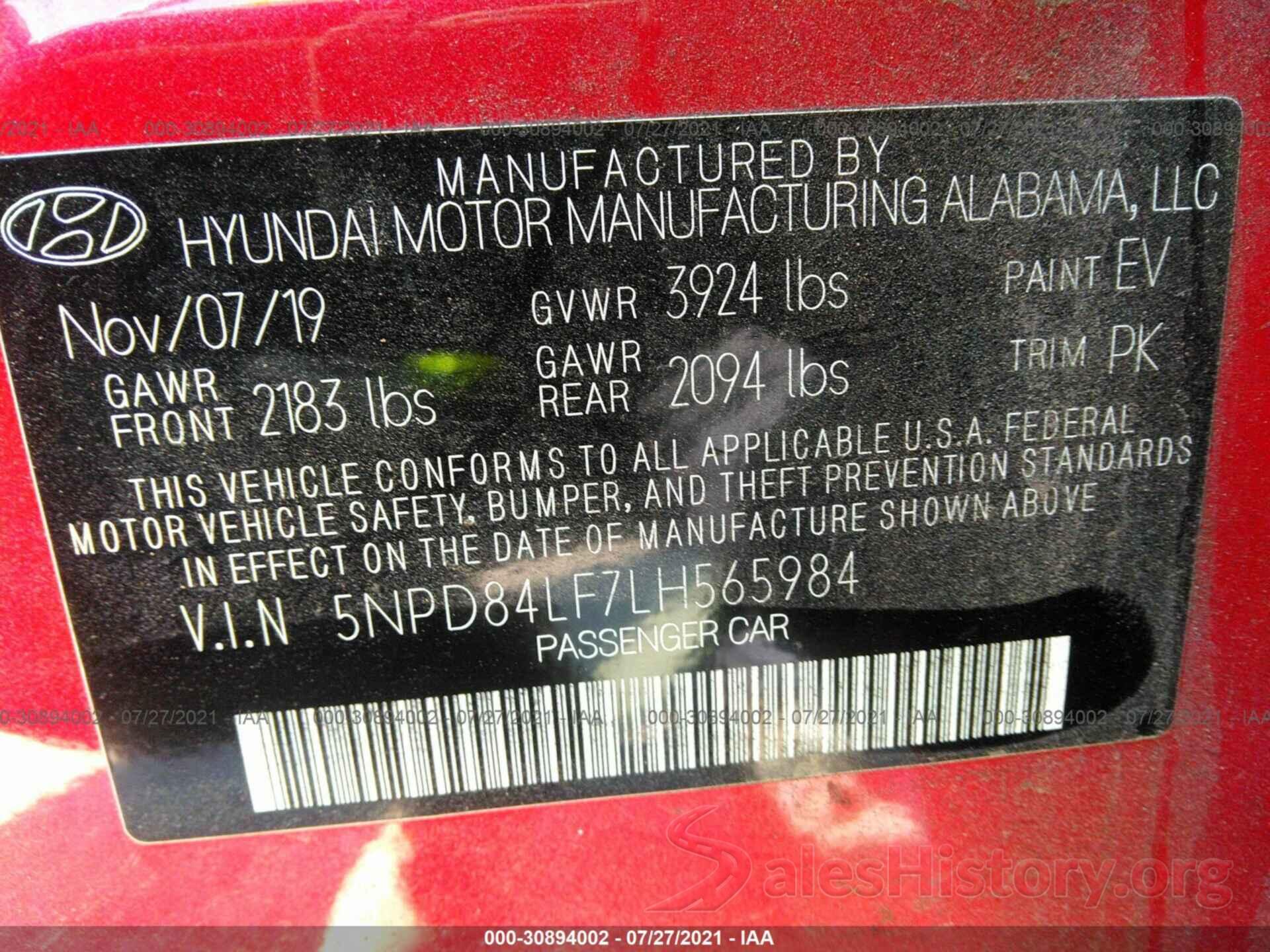 5NPD84LF7LH565984 2020 HYUNDAI ELANTRA