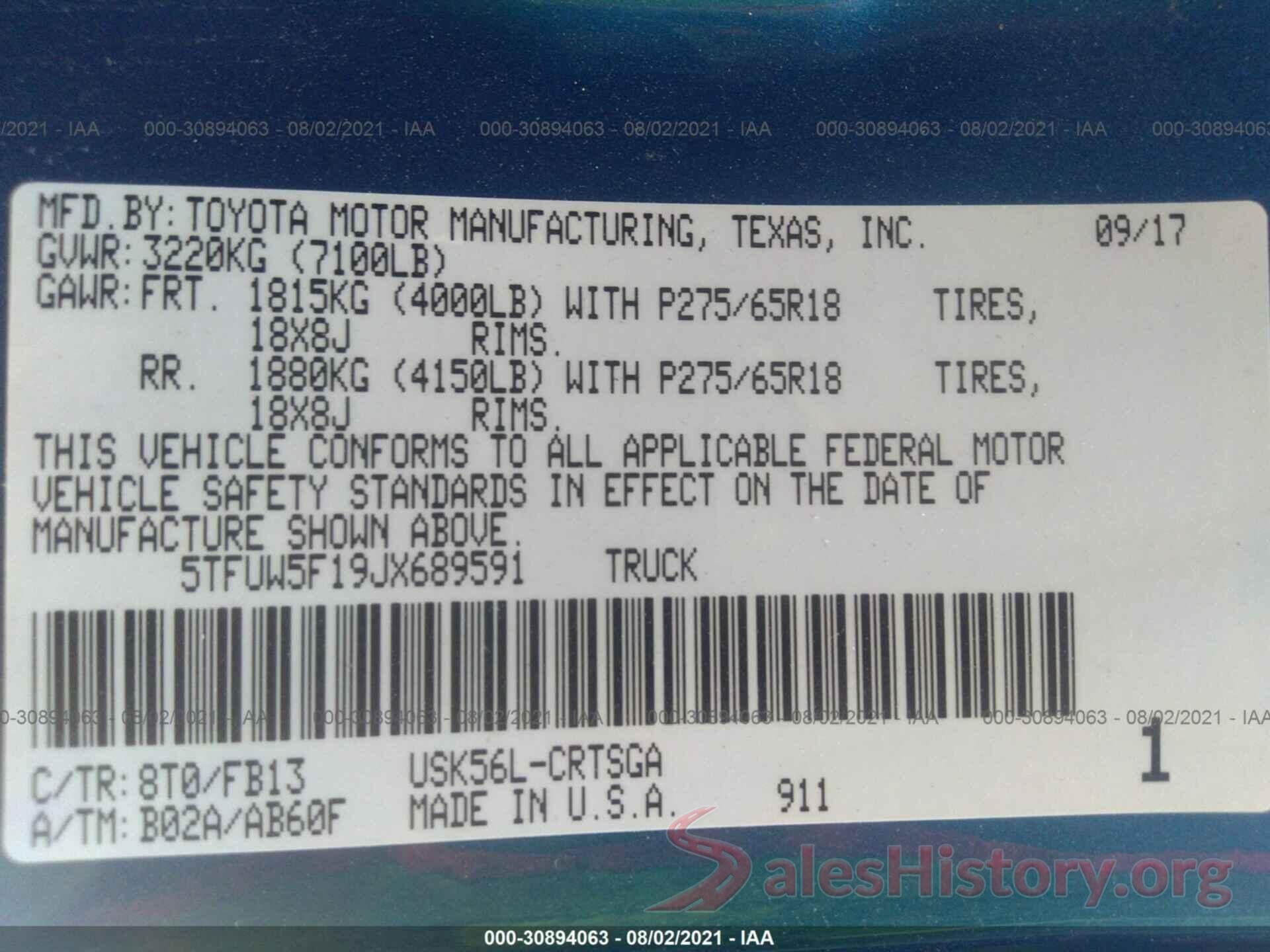 5TFUW5F19JX689591 2018 TOYOTA TUNDRA 4WD