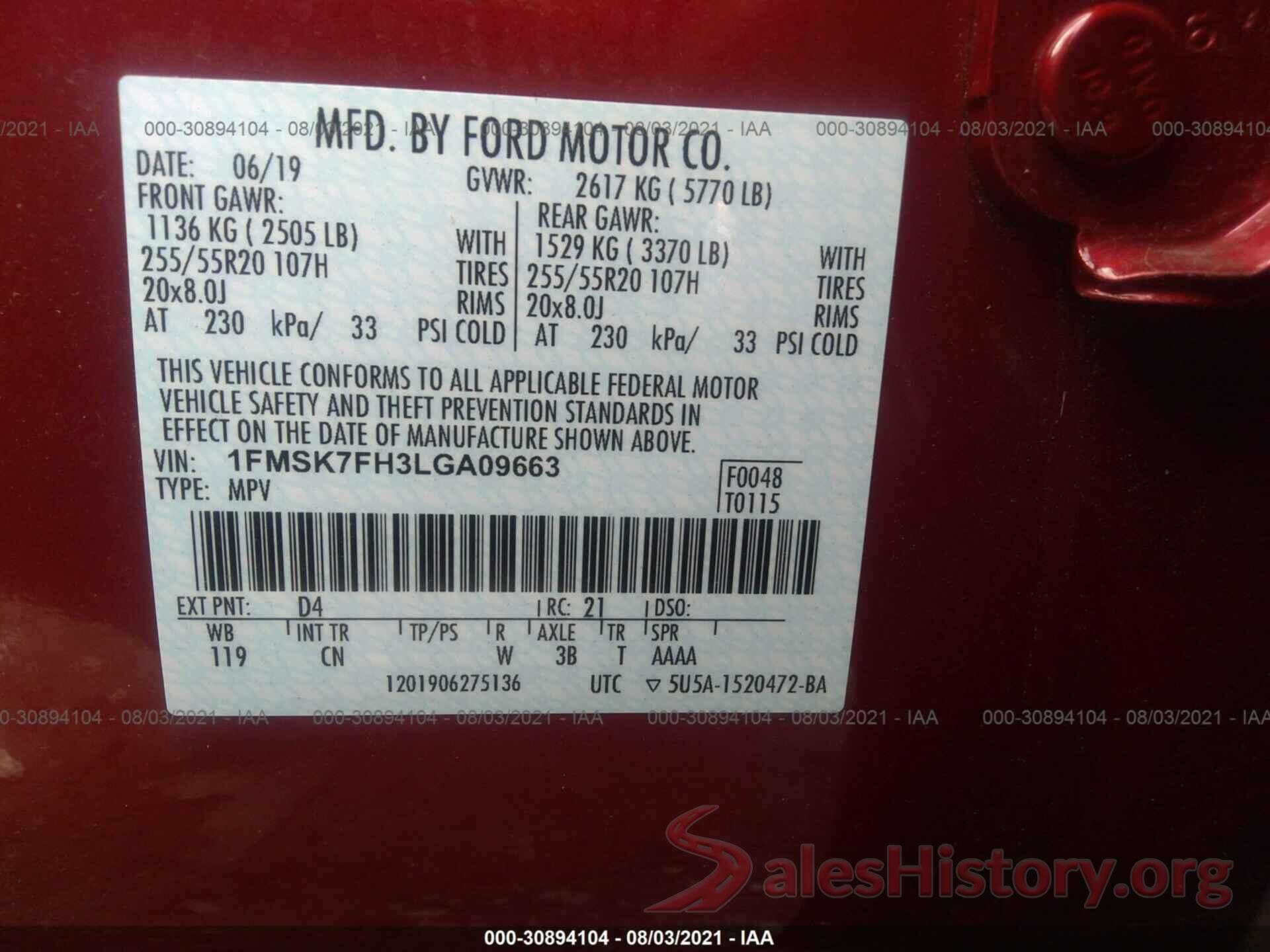 1FMSK7FH3LGA09663 2020 FORD EXPLORER