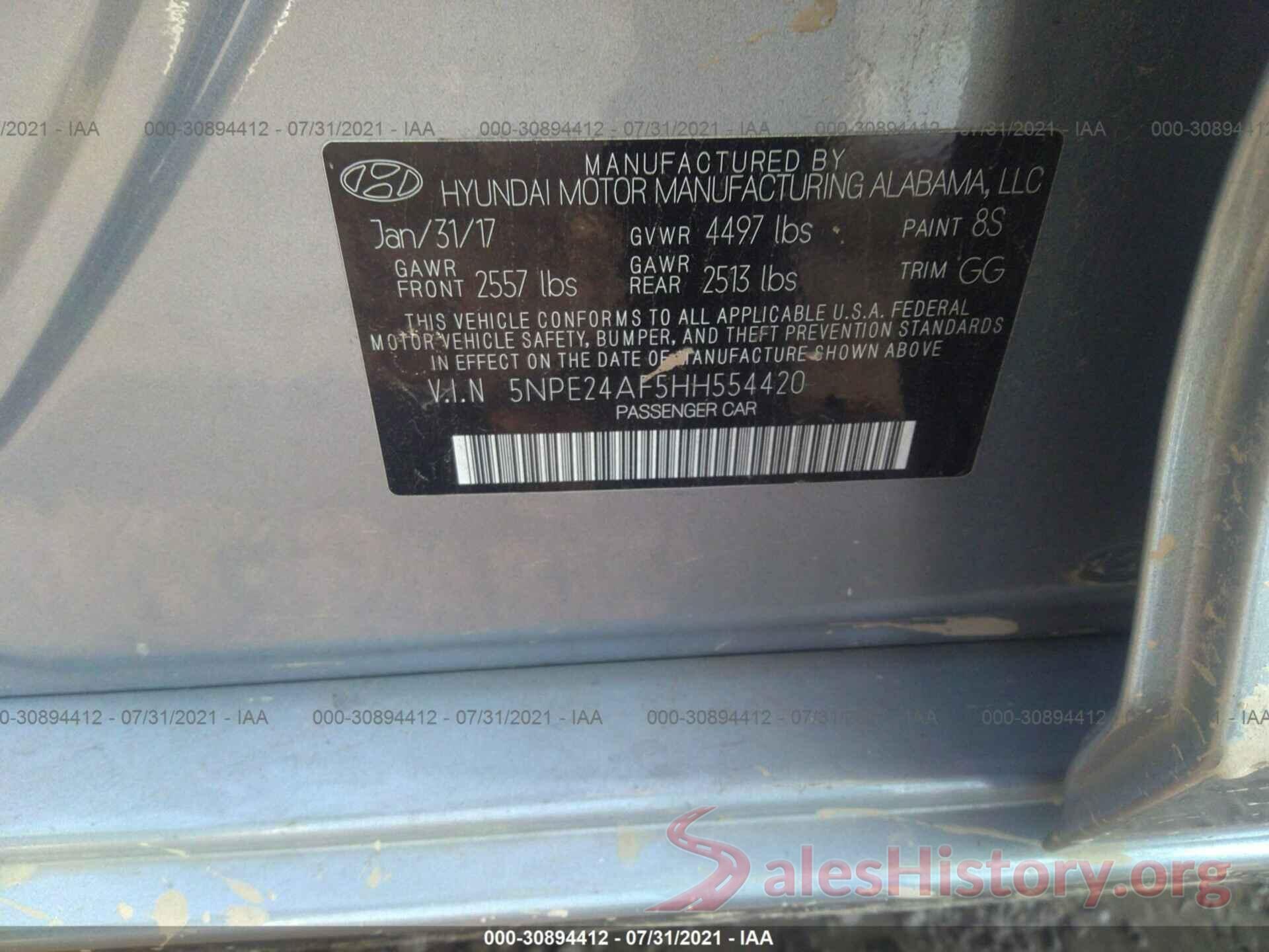 5NPE24AF5HH554420 2017 HYUNDAI SONATA