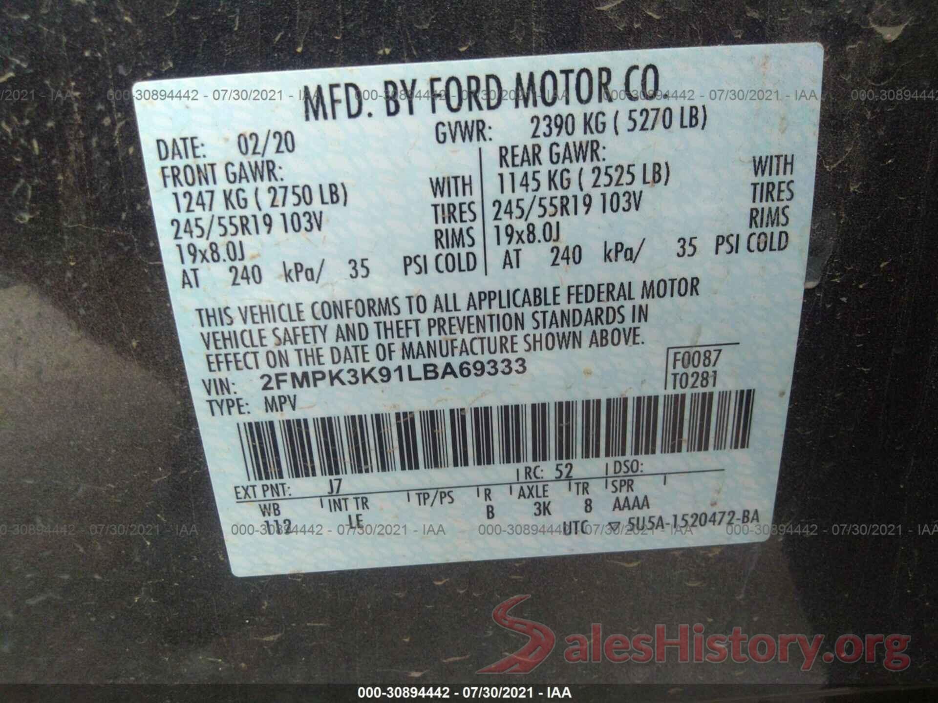 2FMPK3K91LBA69333 2020 FORD EDGE