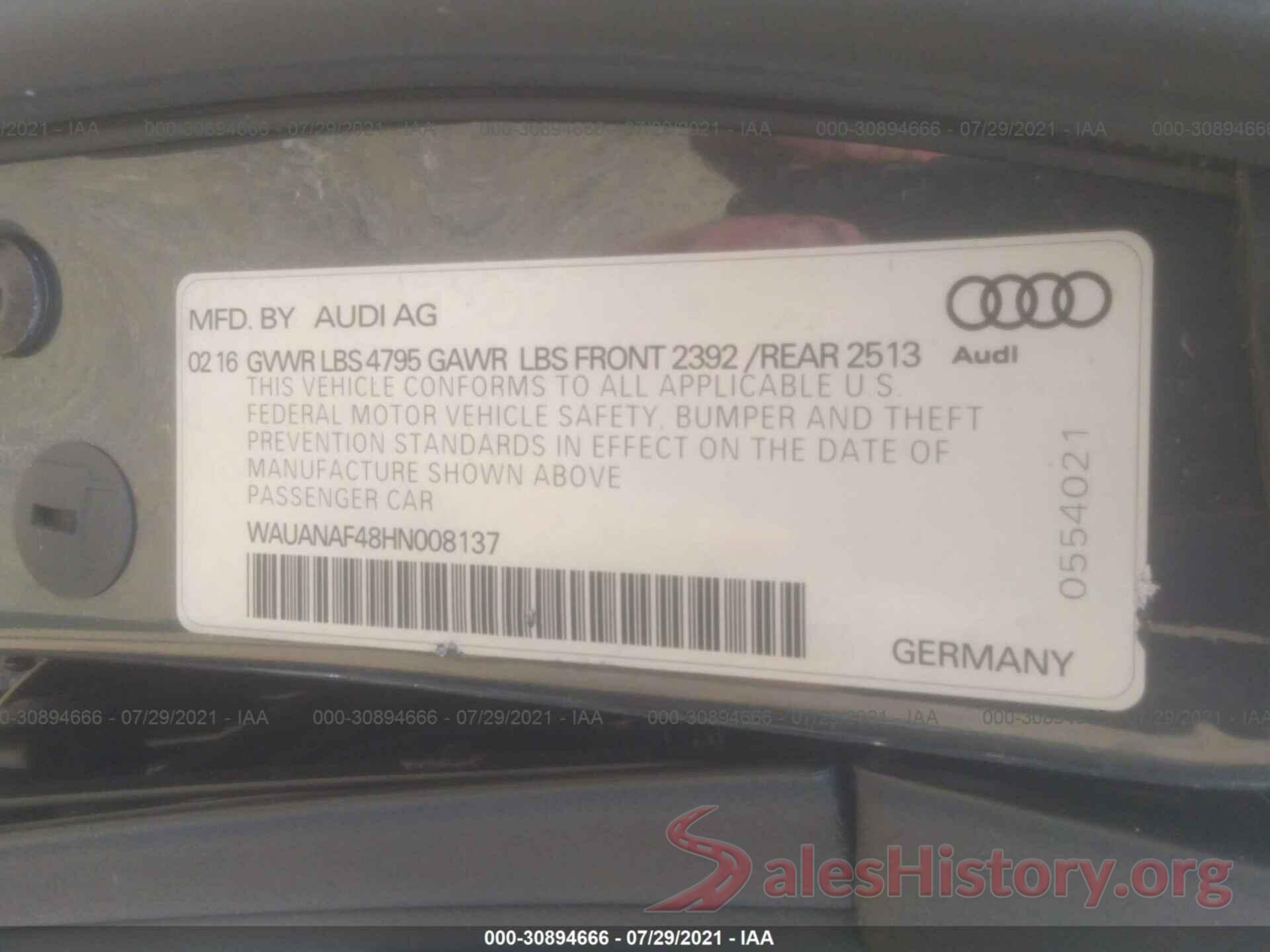 WAUANAF48HN008137 2017 AUDI A4