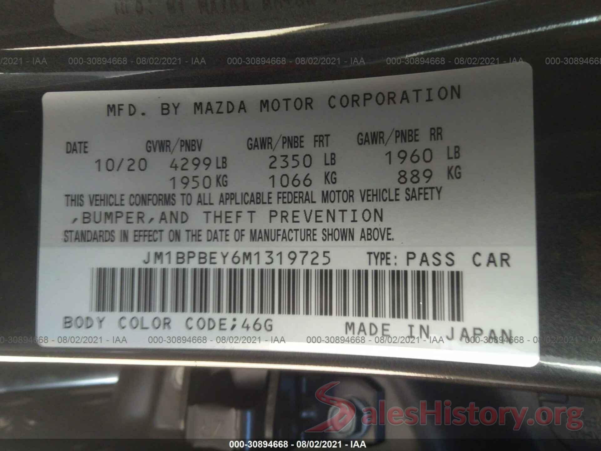 JM1BPBEY6M1319725 2021 MAZDA MAZDA3 SEDAN