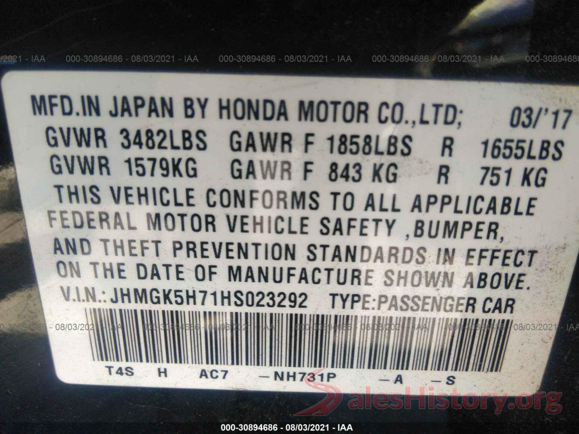 JHMGK5H71HS023292 2017 HONDA FIT