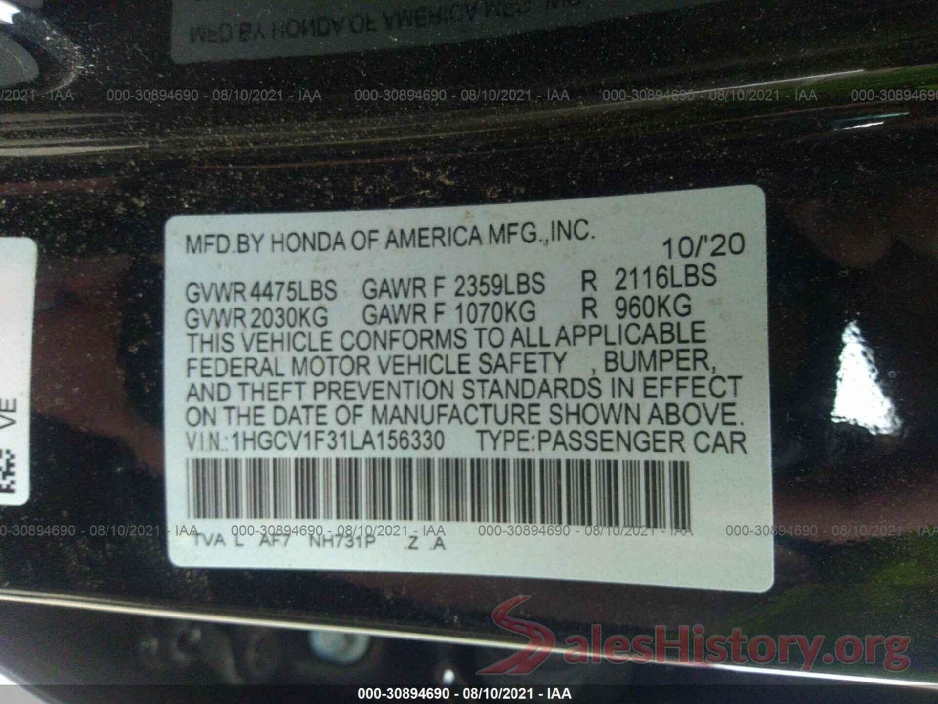 1HGCV1F31LA156330 2020 HONDA ACCORD SEDAN