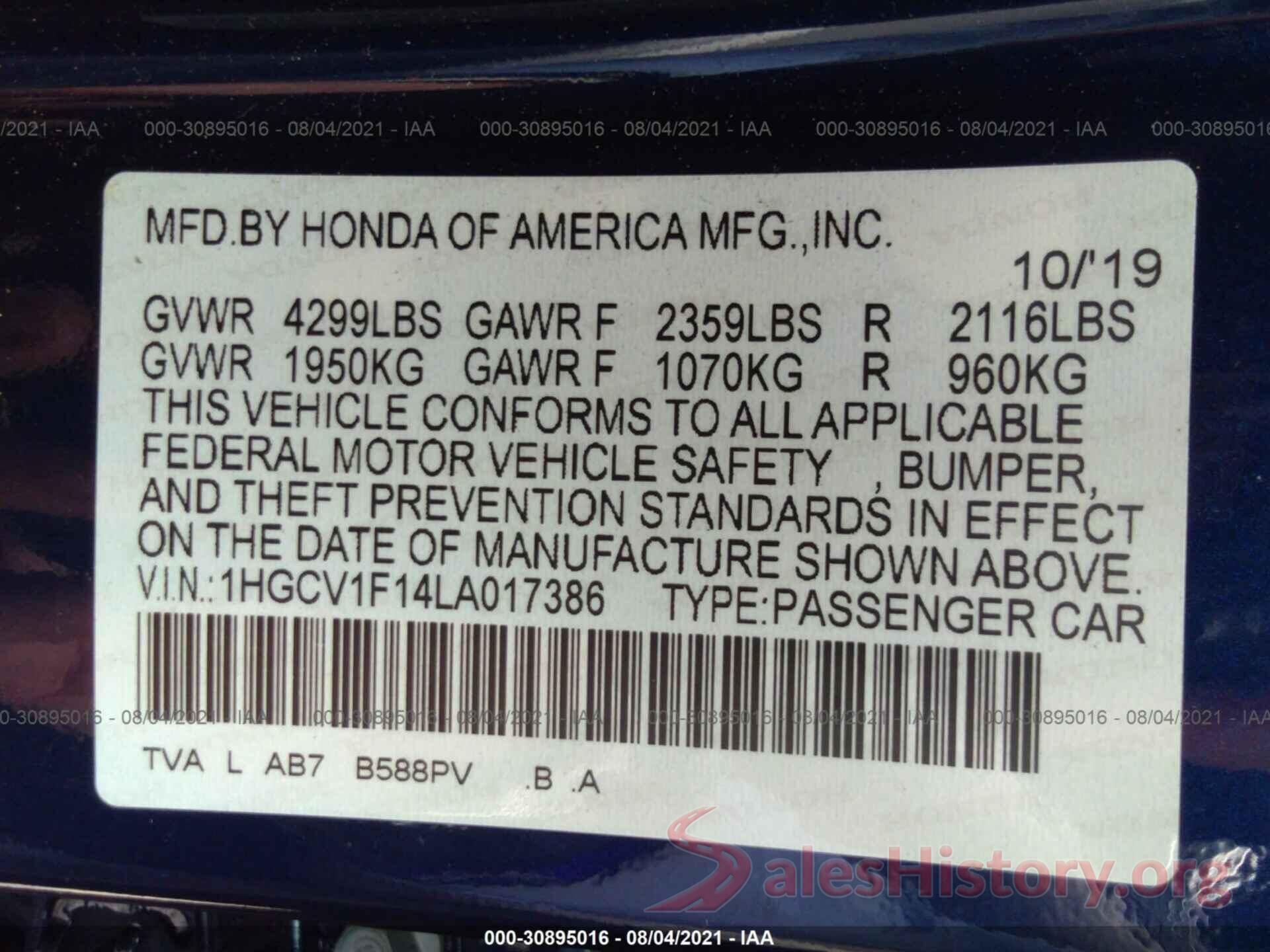 1HGCV1F14LA017386 2020 HONDA ACCORD SEDAN