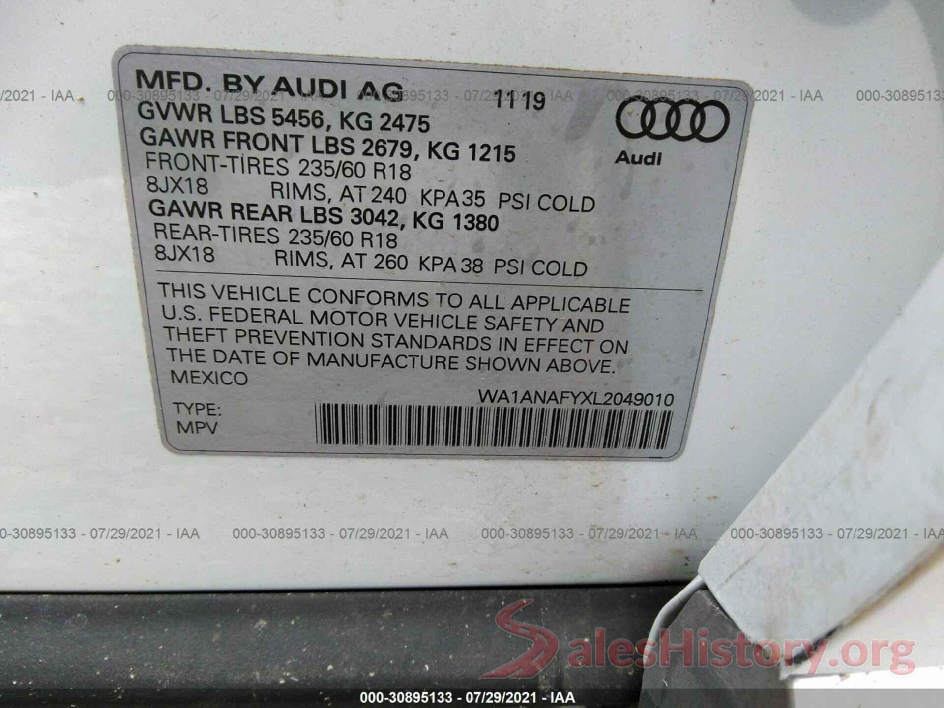 WA1ANAFYXL2049010 2020 AUDI Q5