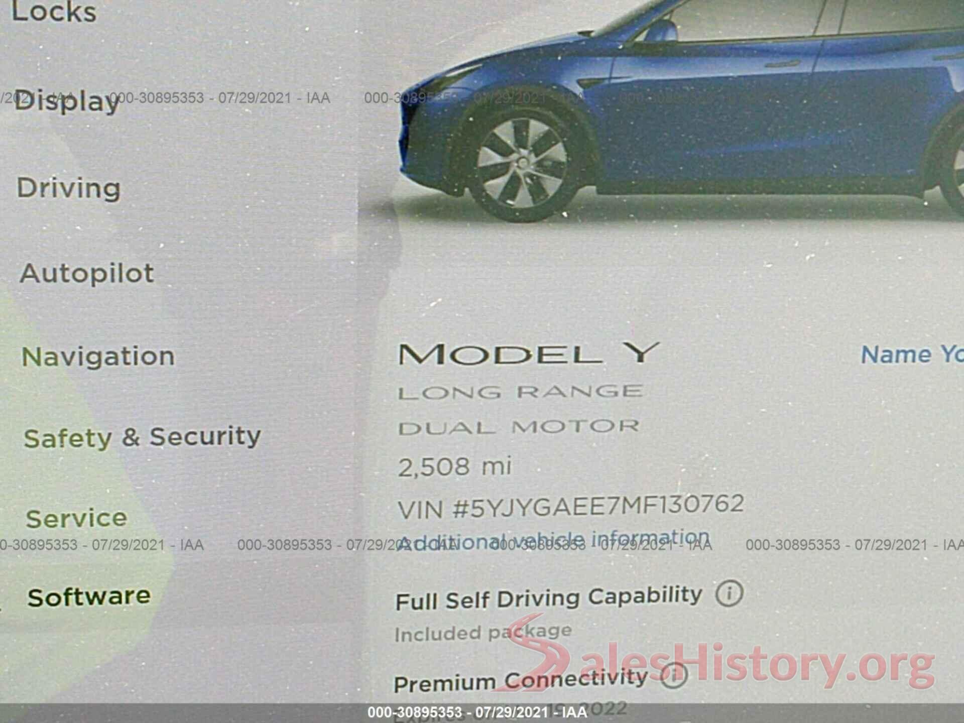 5YJYGAEE7MF130762 2021 TESLA MODEL Y