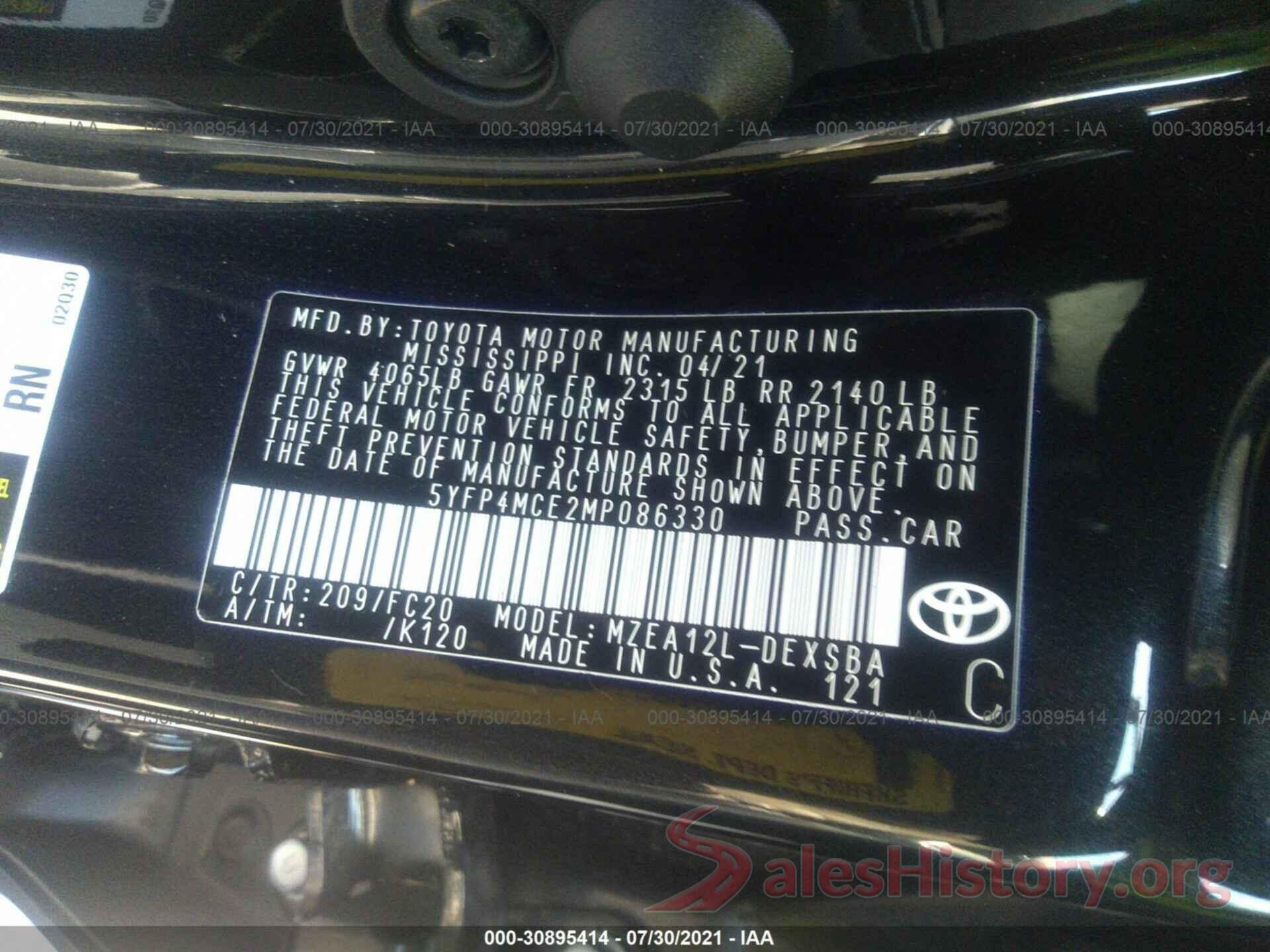 5YFP4MCE2MP086330 2021 TOYOTA COROLLA